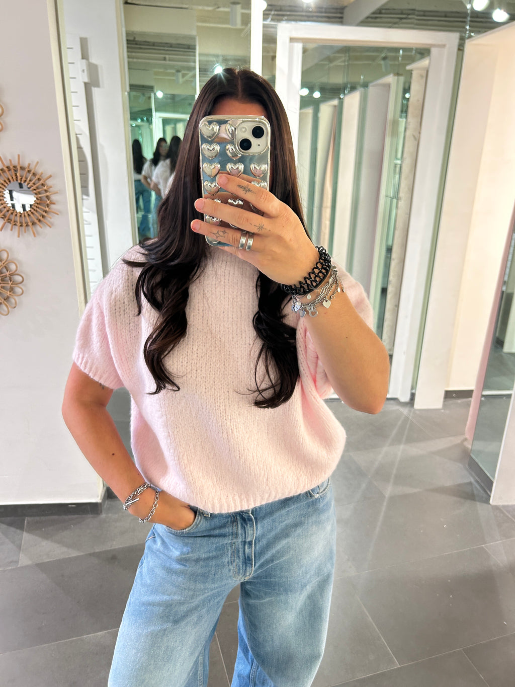 Short Sleeve Knit Sweater Light Pink