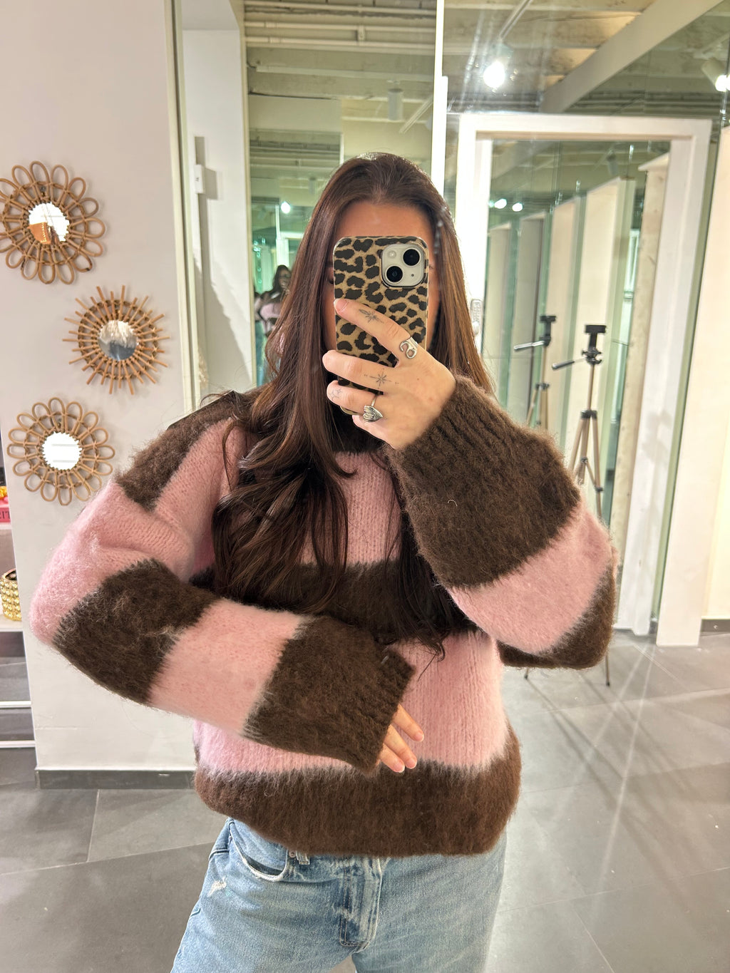 Fluffy Striped Sweater Pink/Brown