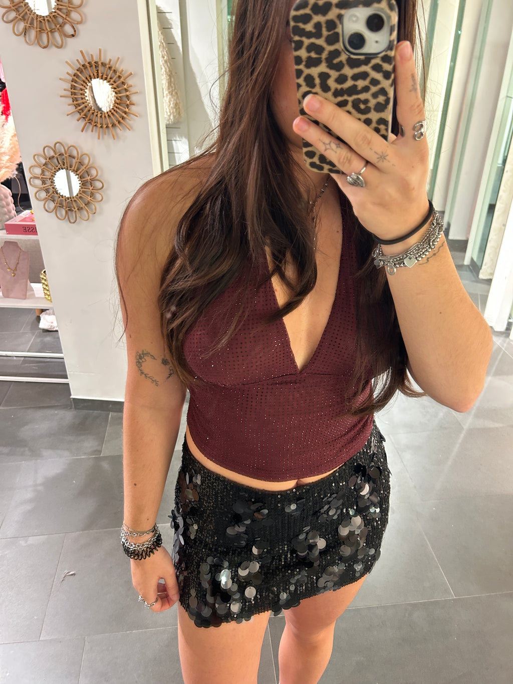 Rhinestone Halter Top Burgundy