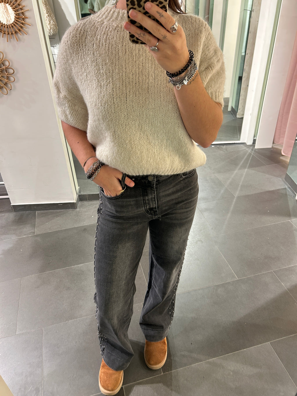 Studs Wide Leg Jeans Dark Grey