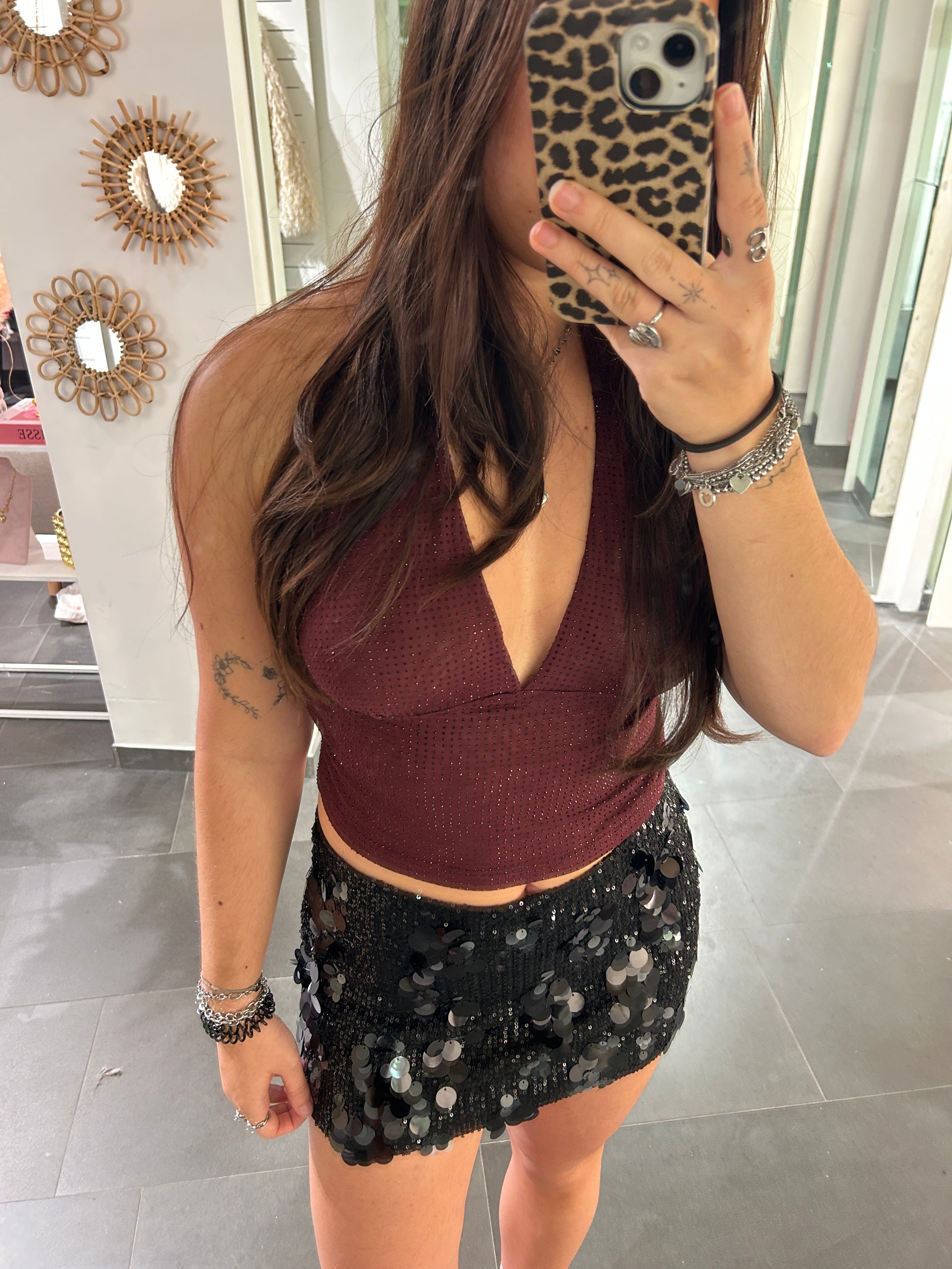Rhinestone Halter Top Burgundy