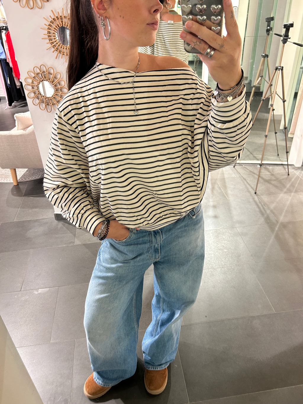 One Shoulder Sweater Striped Beige/Black