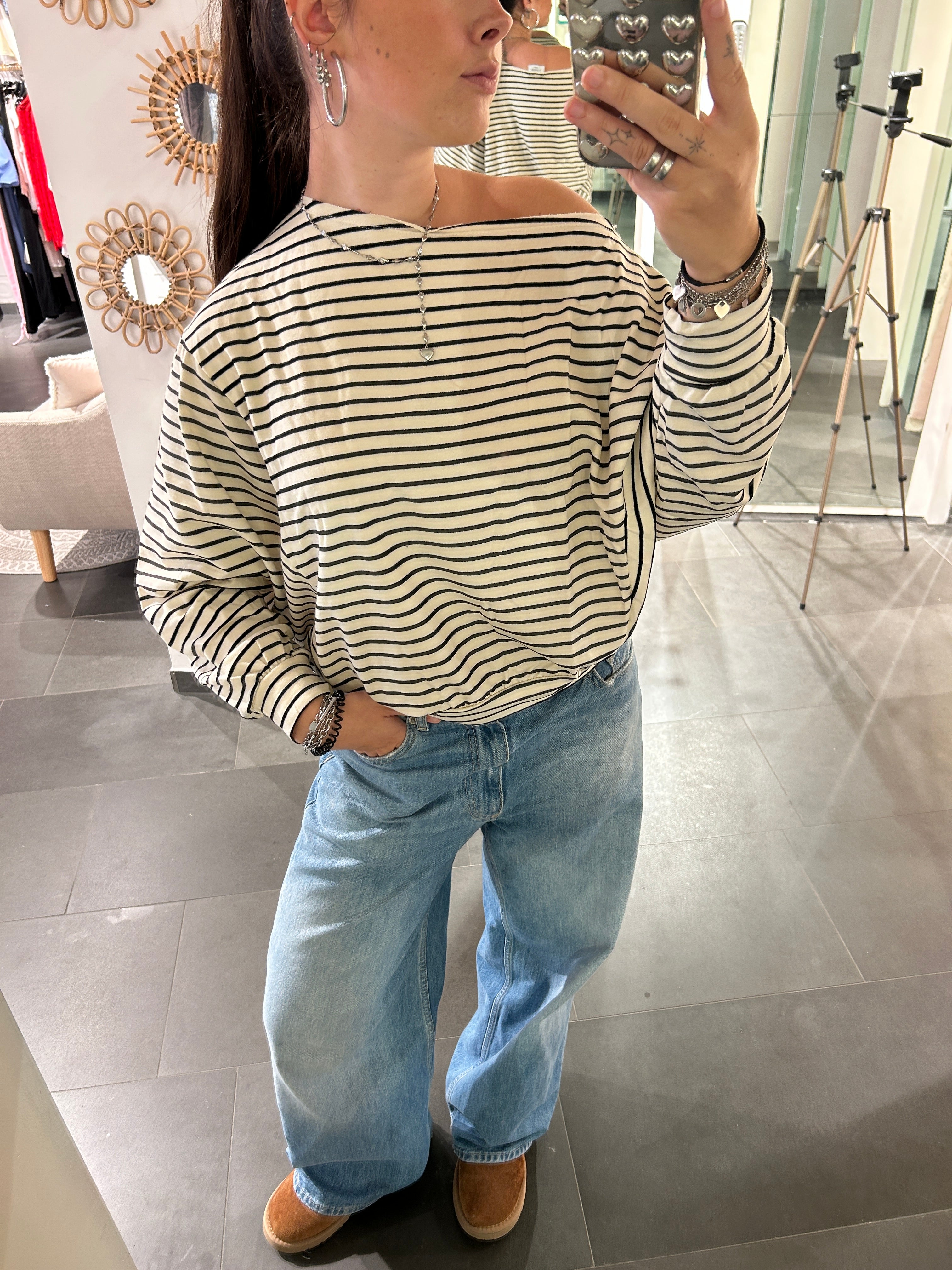 One Shoulder Sweater Striped Beige/Black