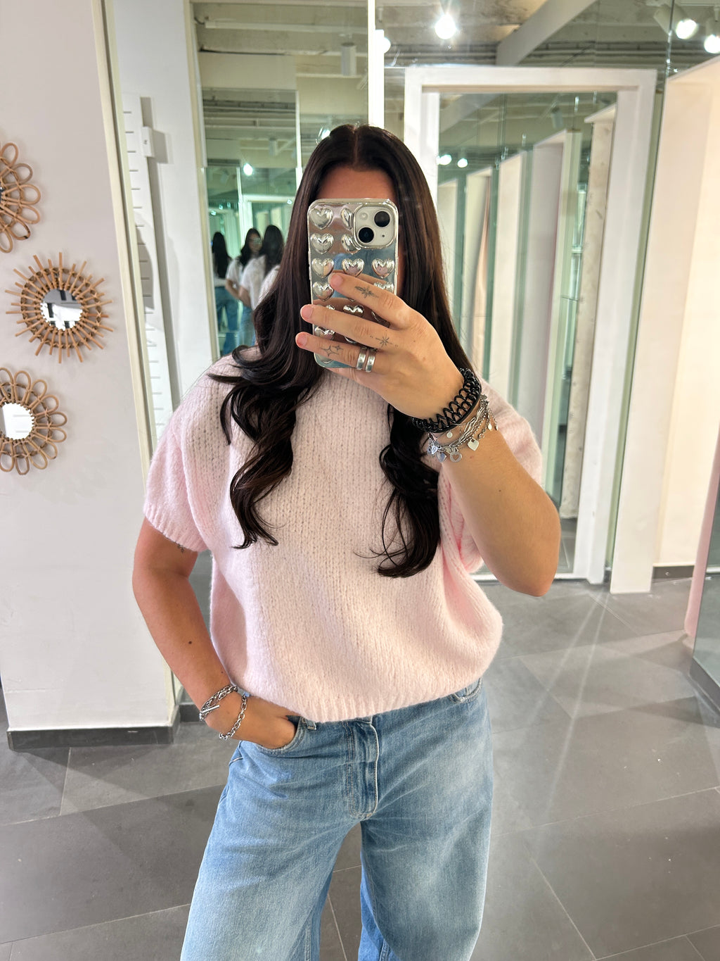 Short Sleeve Knit Sweater Light Pink