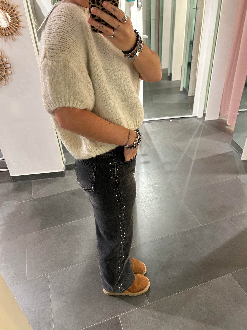 Studs Wide Leg Jeans Dark Grey