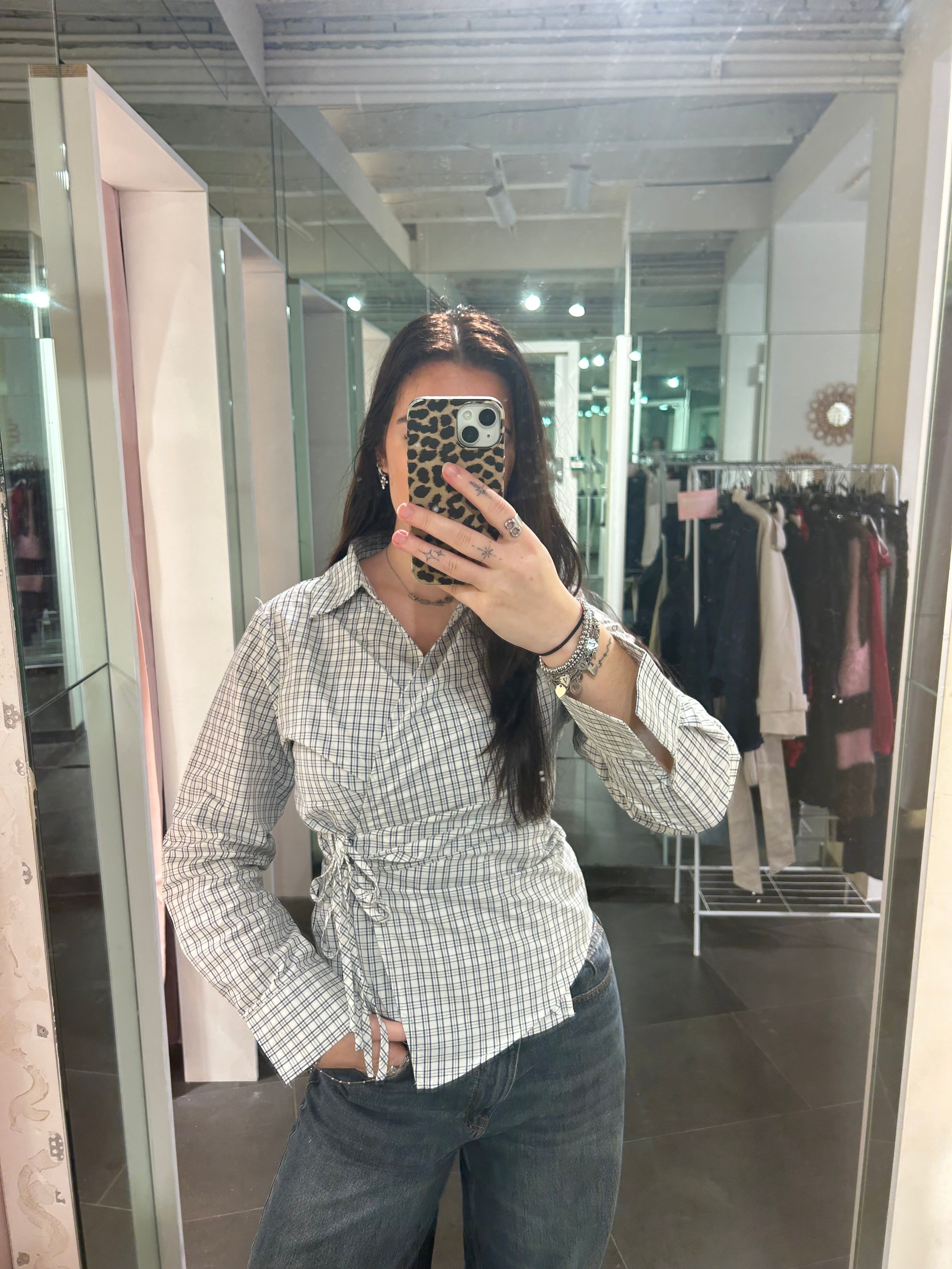 Checkered Wrap Blouse