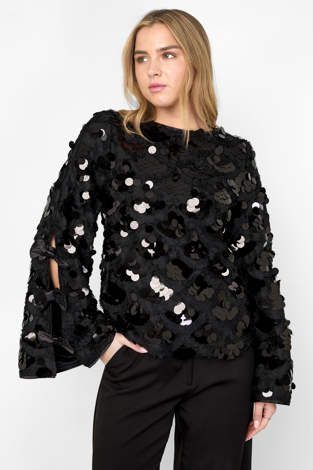 Woven Polyester Fiber Women's Long Sleeve Tops Elegant Sequins Statement
