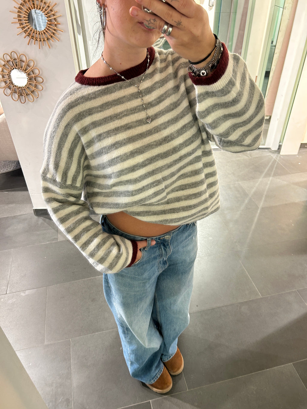 Striped Sweater Bordeaux/Grey
