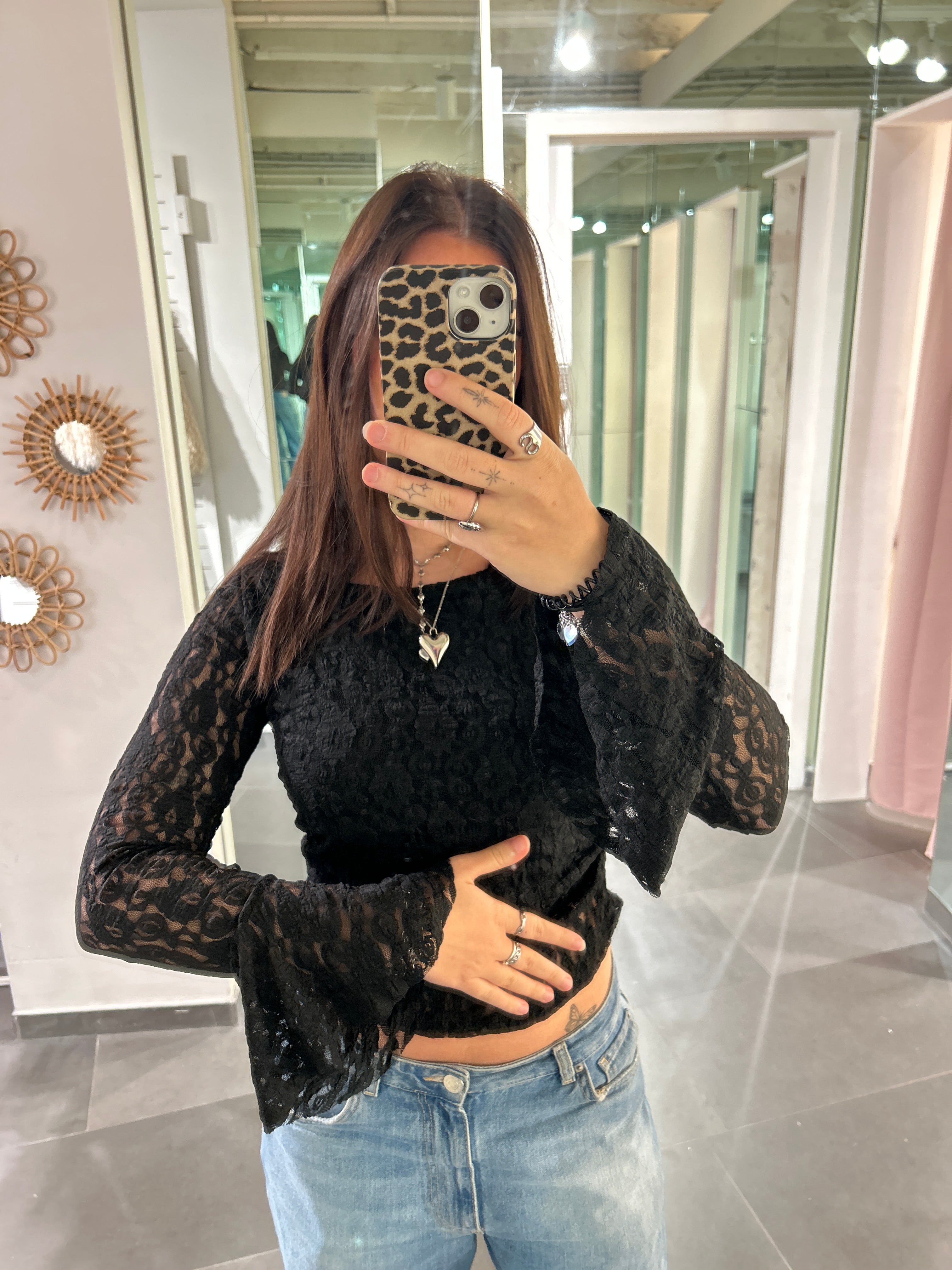 Flare Sleeve Lace Top Black