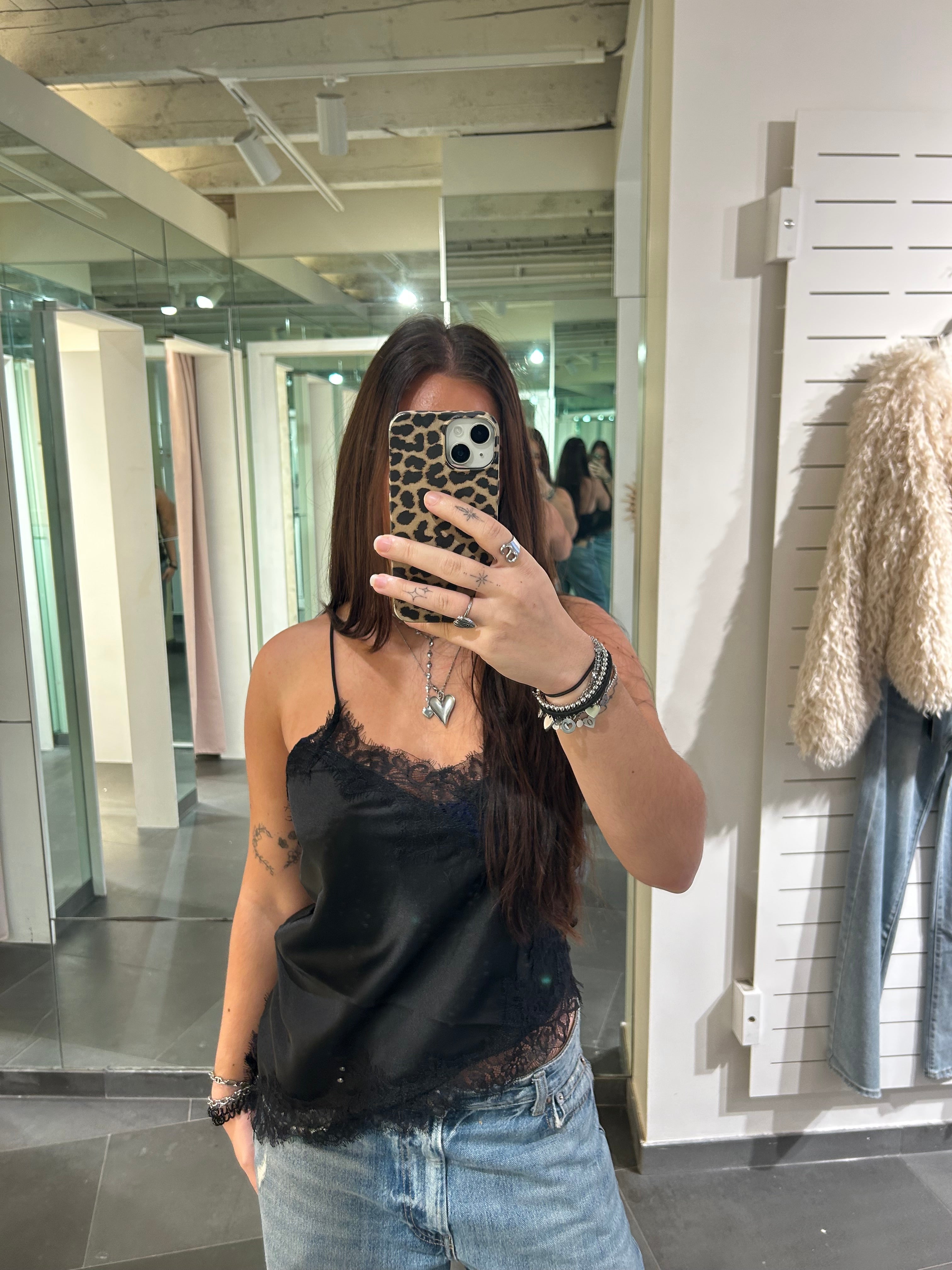 Assymetric Satin Lace Top Black