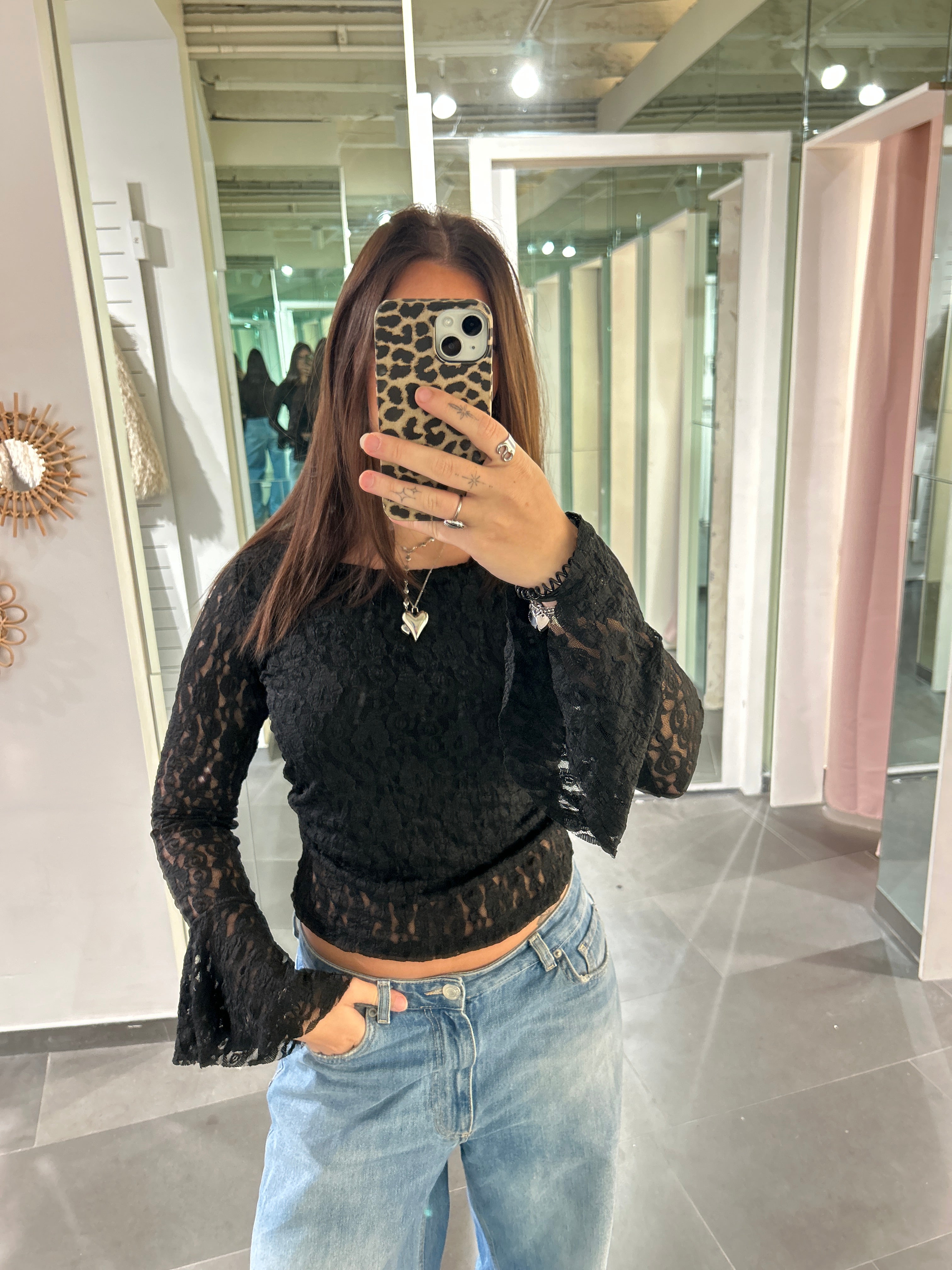 Flare Sleeve Lace Top Black