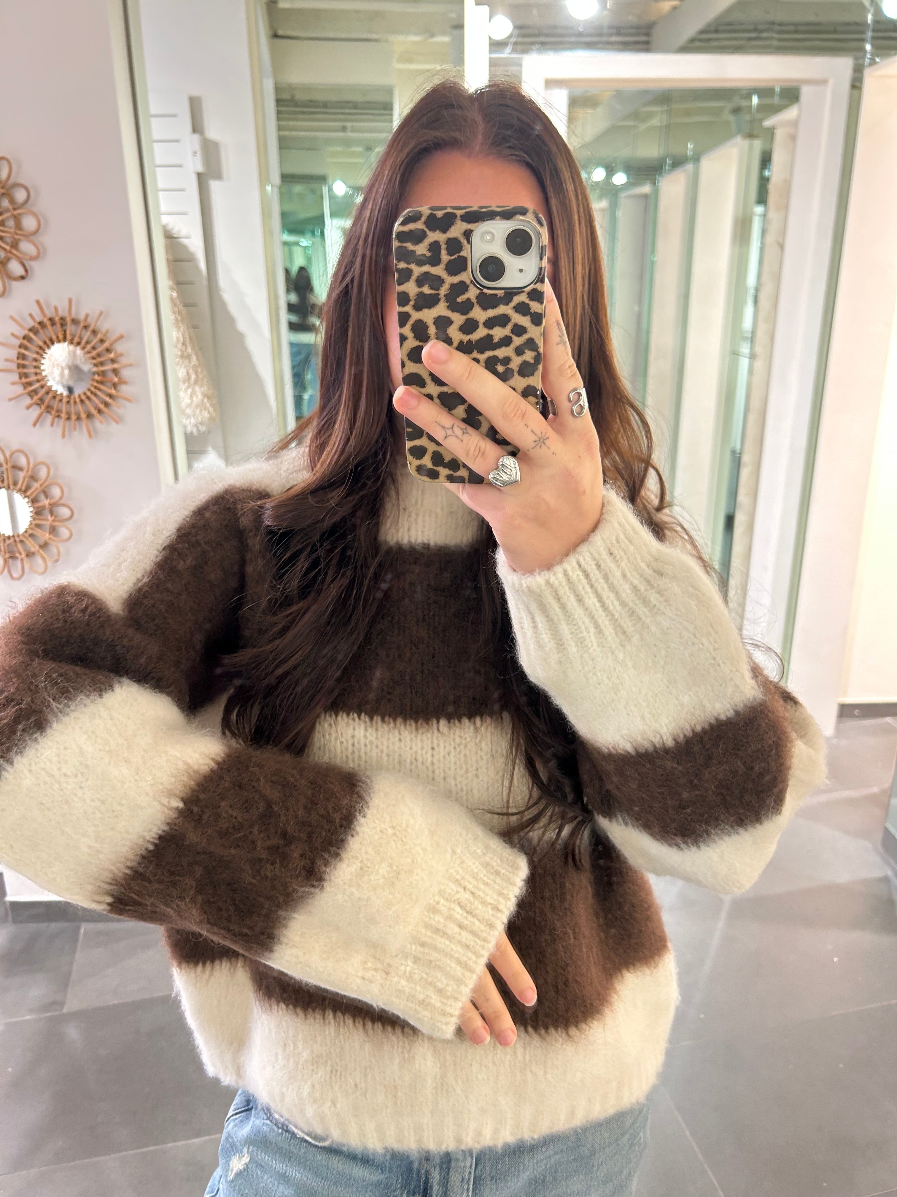 Fluffy Striped Sweater Beige/Brown