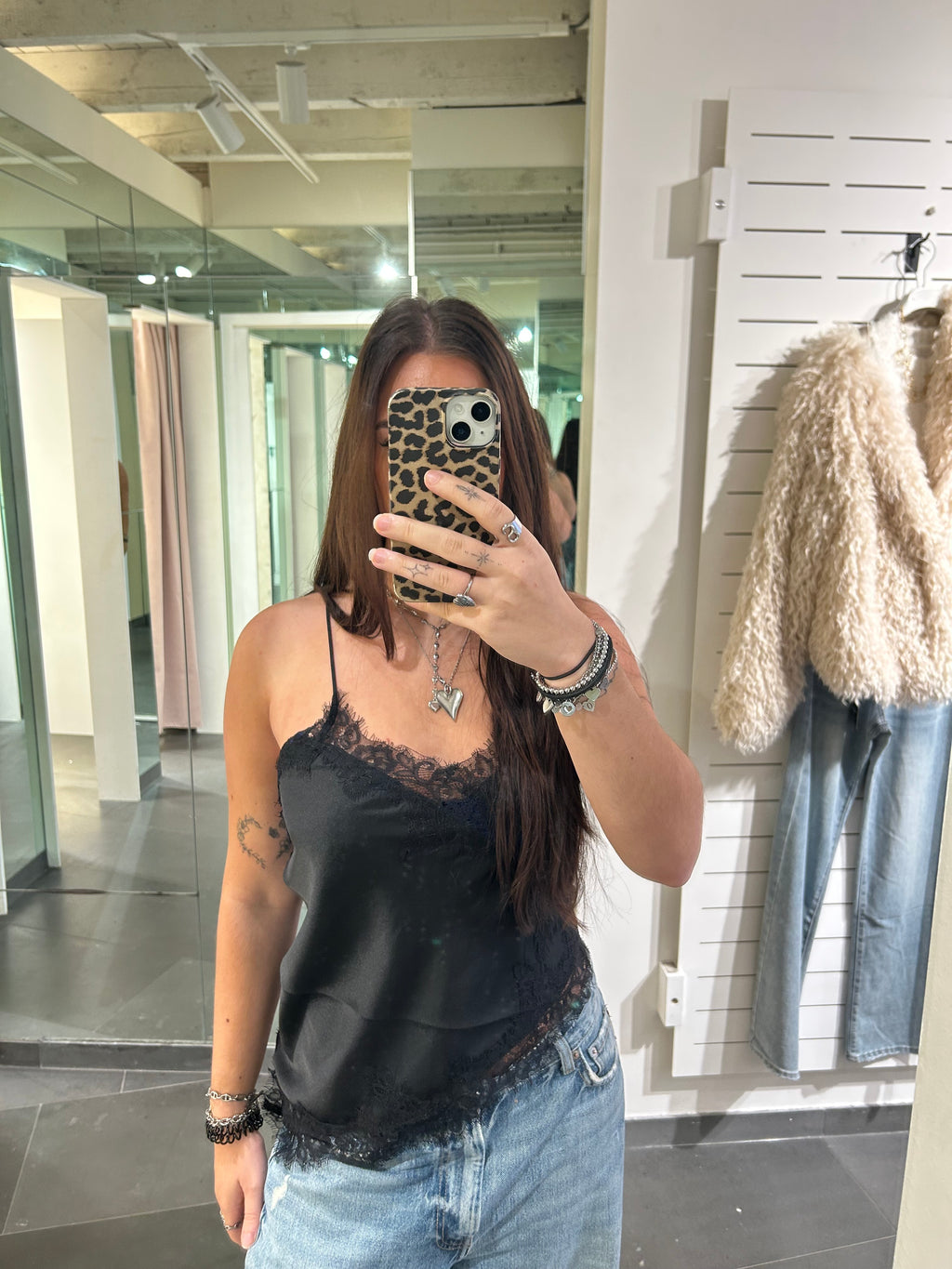 Assymetric Satin Lace Top Black