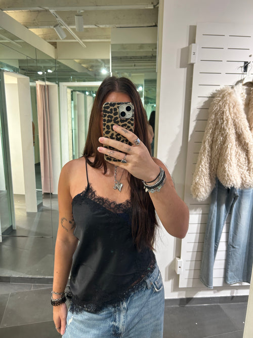 Assymetric Satin Lace Top Black