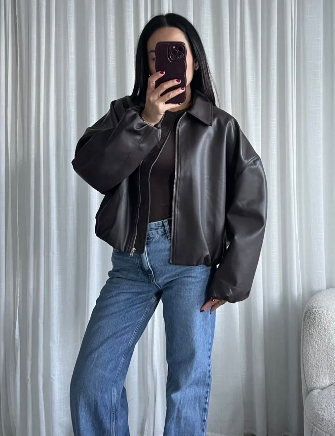 Leather Bomberjacket PU Brown