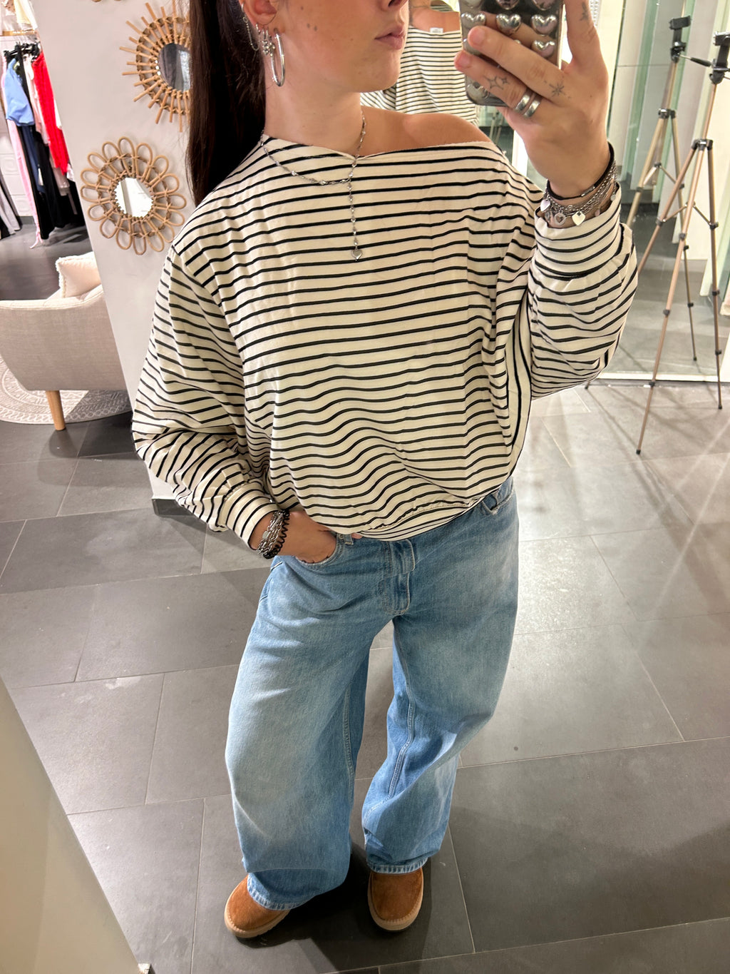 One Shoulder Sweater Striped Beige/Black