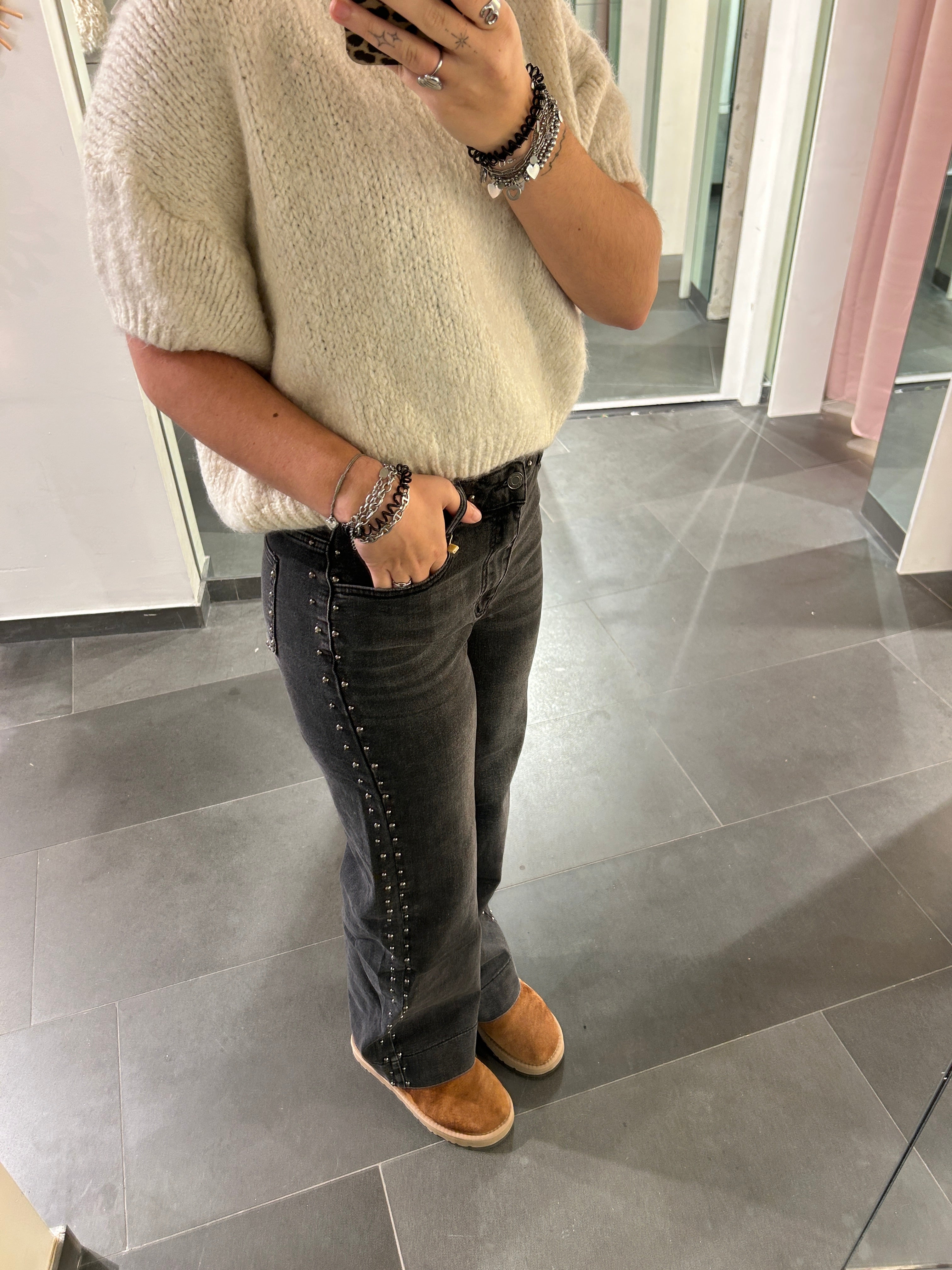 Studs Wide Leg Jeans Dark Grey