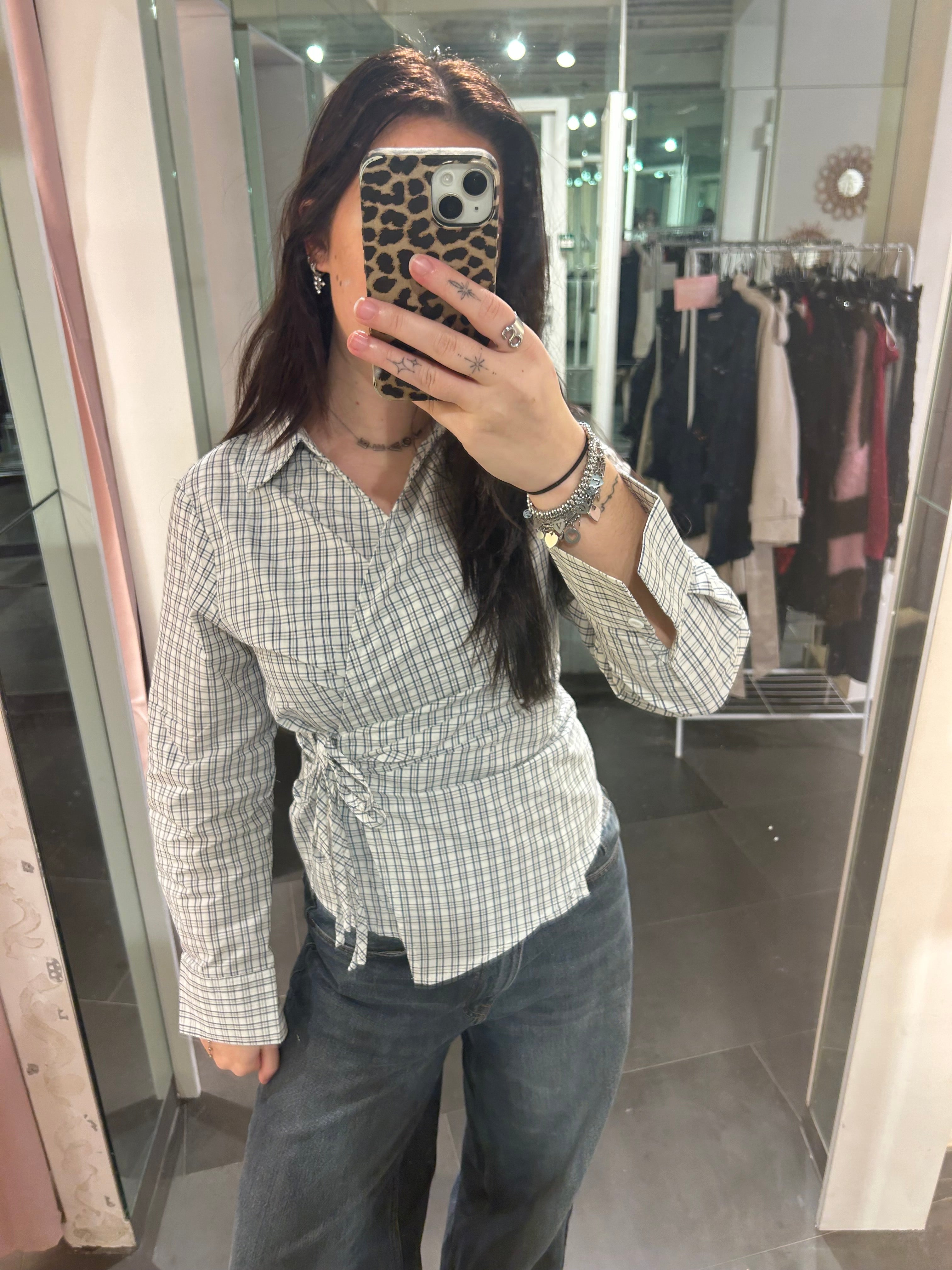 Checkered Wrap Blouse