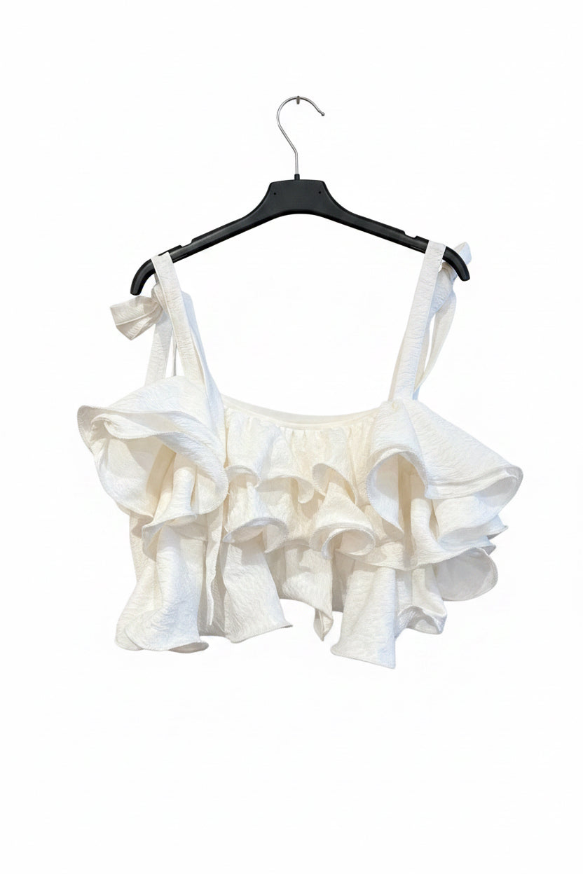 Ruffle Bow Top Beige