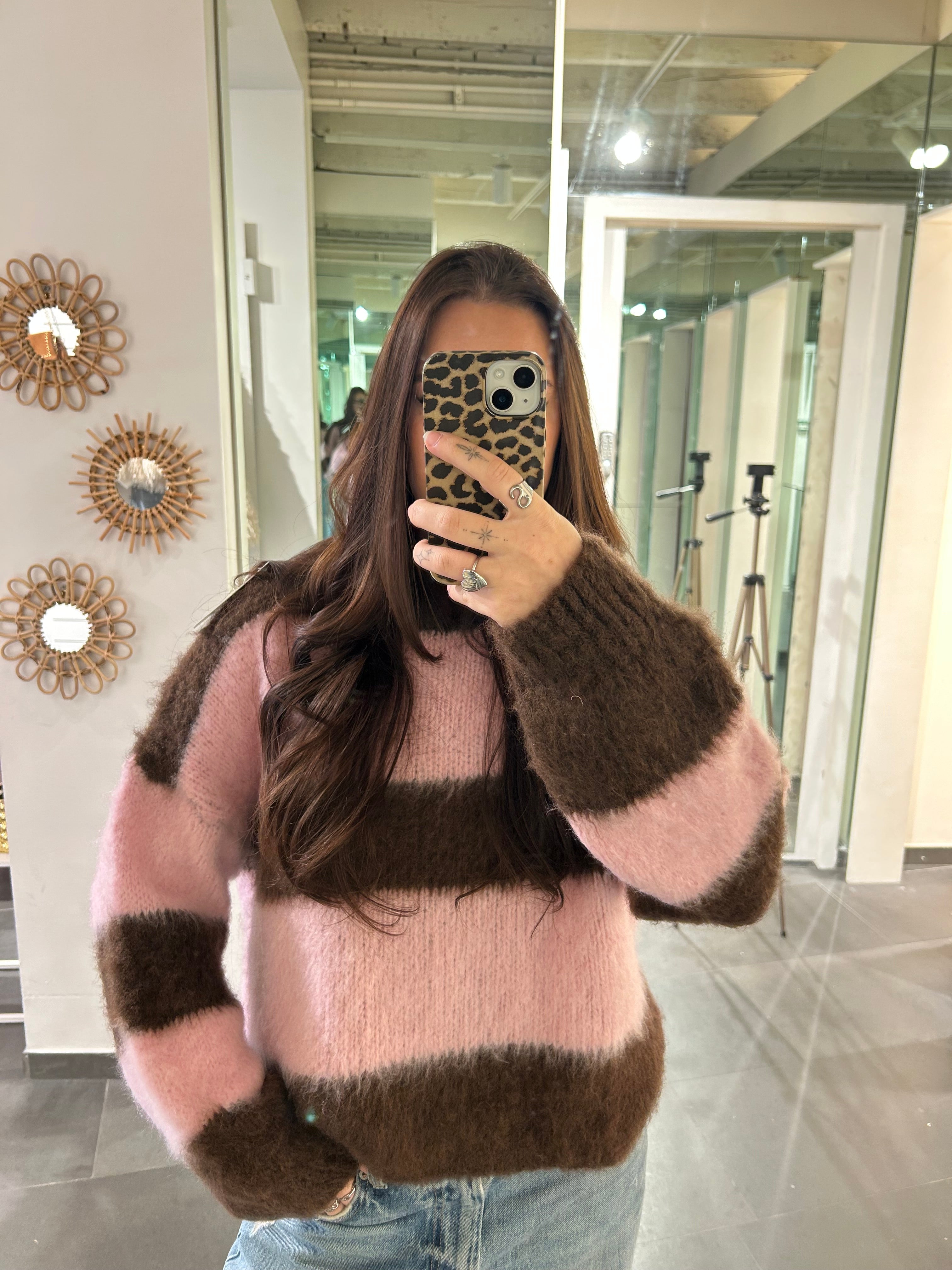Fluffy Striped Sweater Pink/Brown