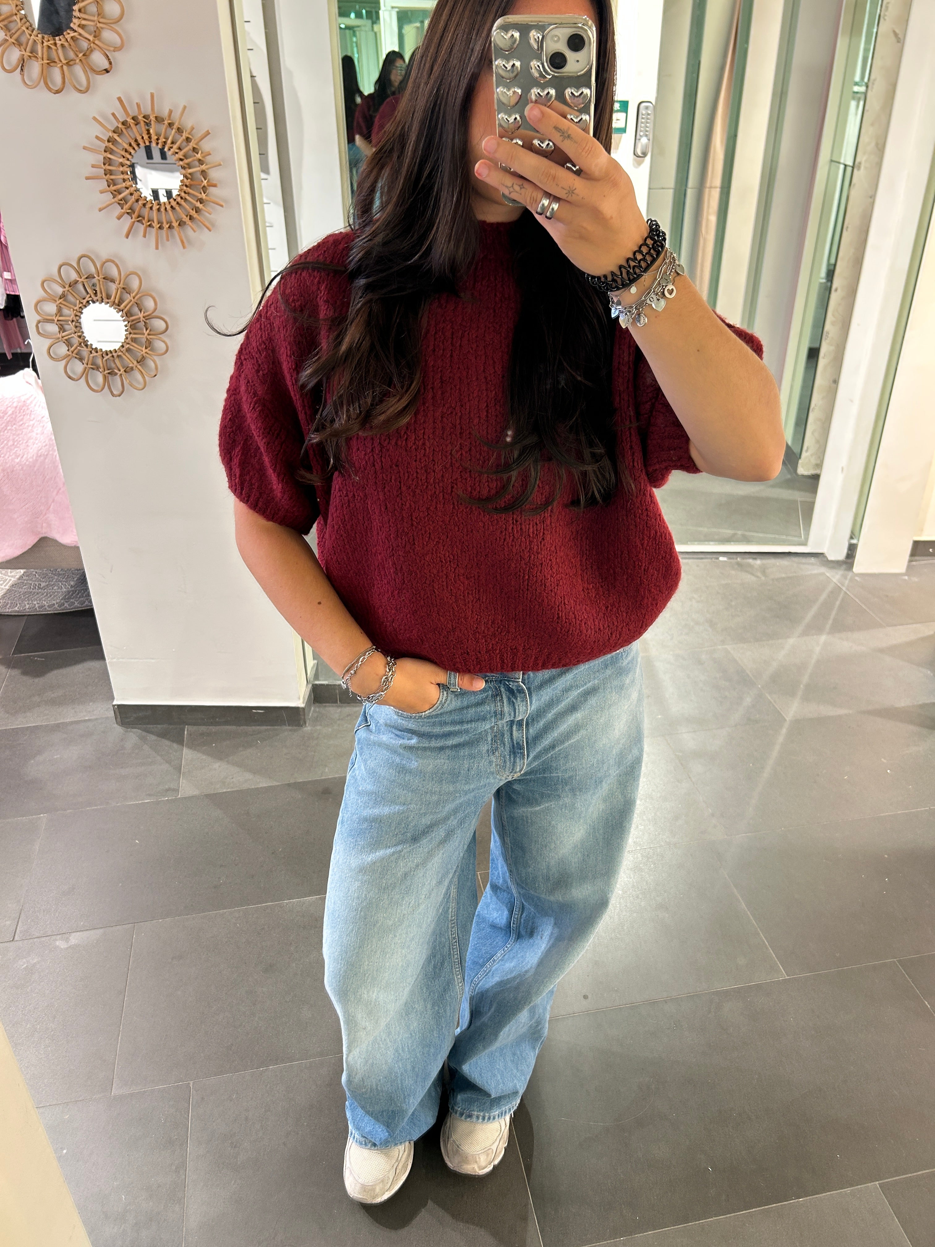 Short Sleeve Knit Sweater Burgundy