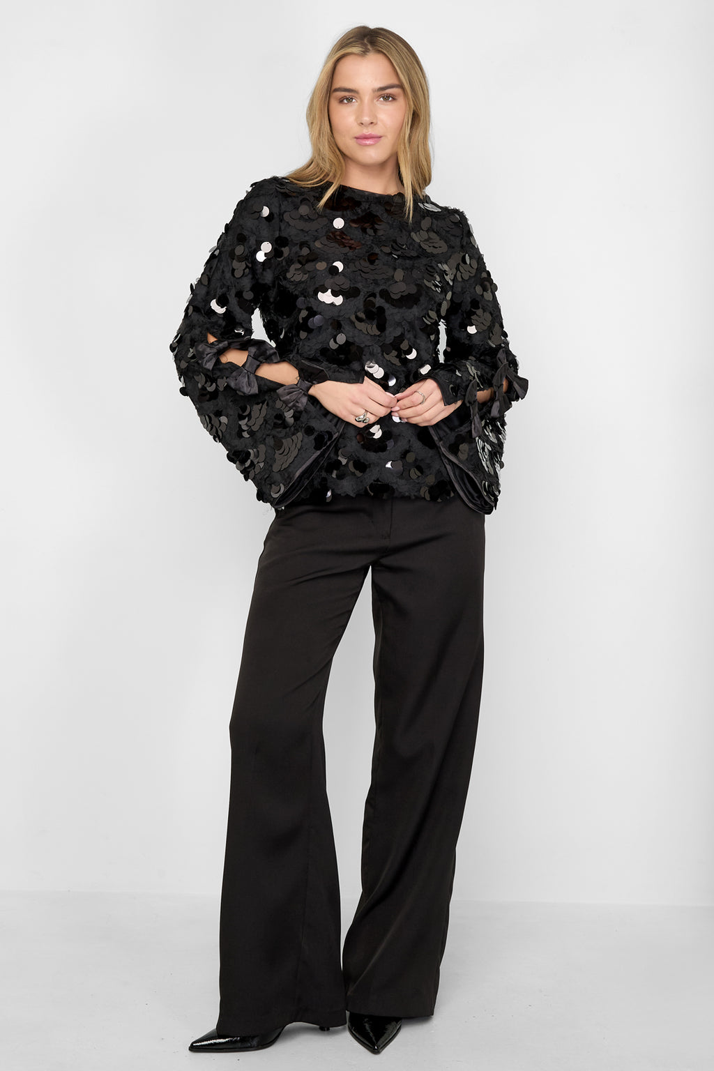 Woven Polyester Fiber Women's Long Sleeve Tops Elegant Sequins Statement