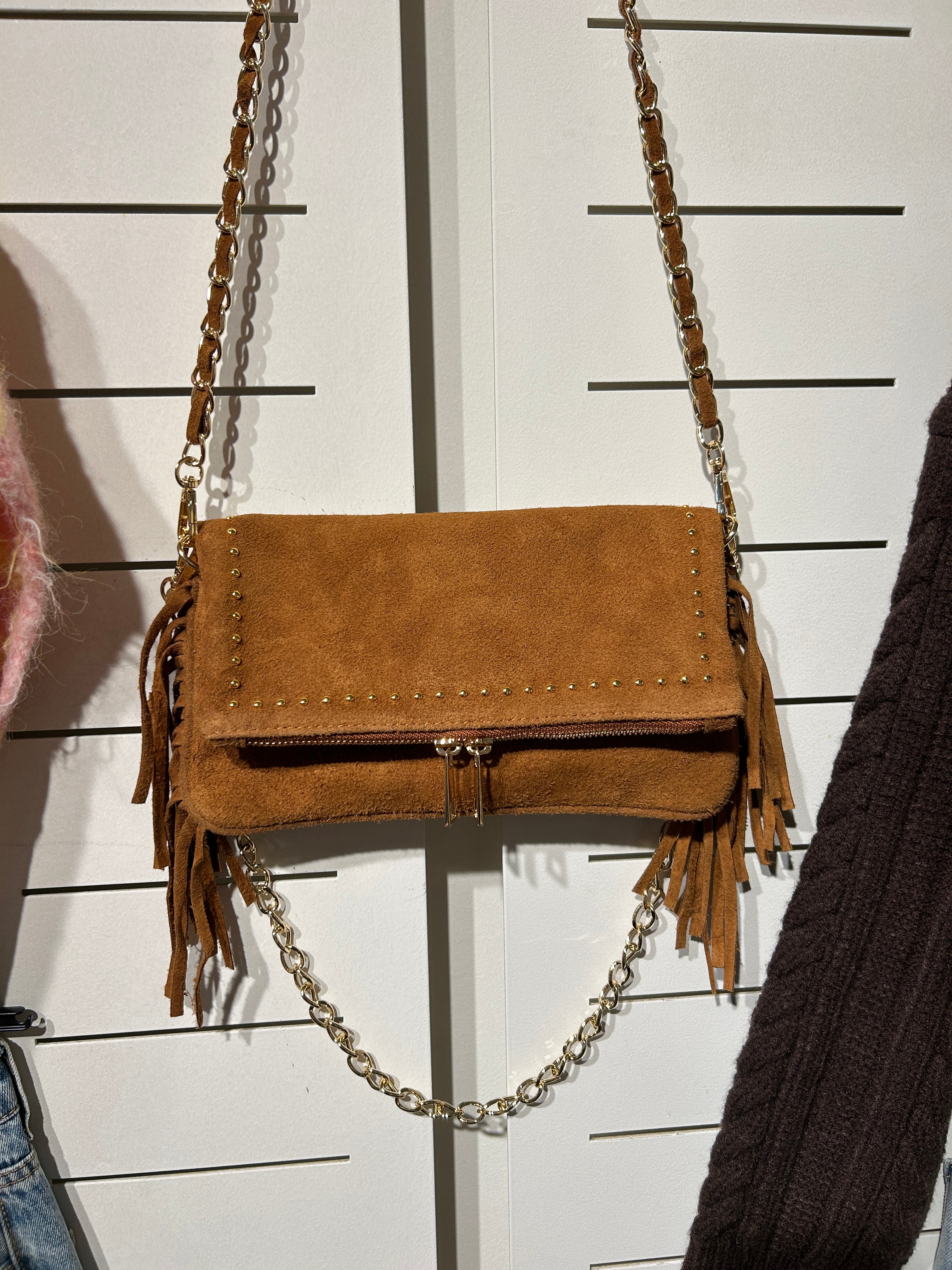 Chain Leather Stud Bag Camel