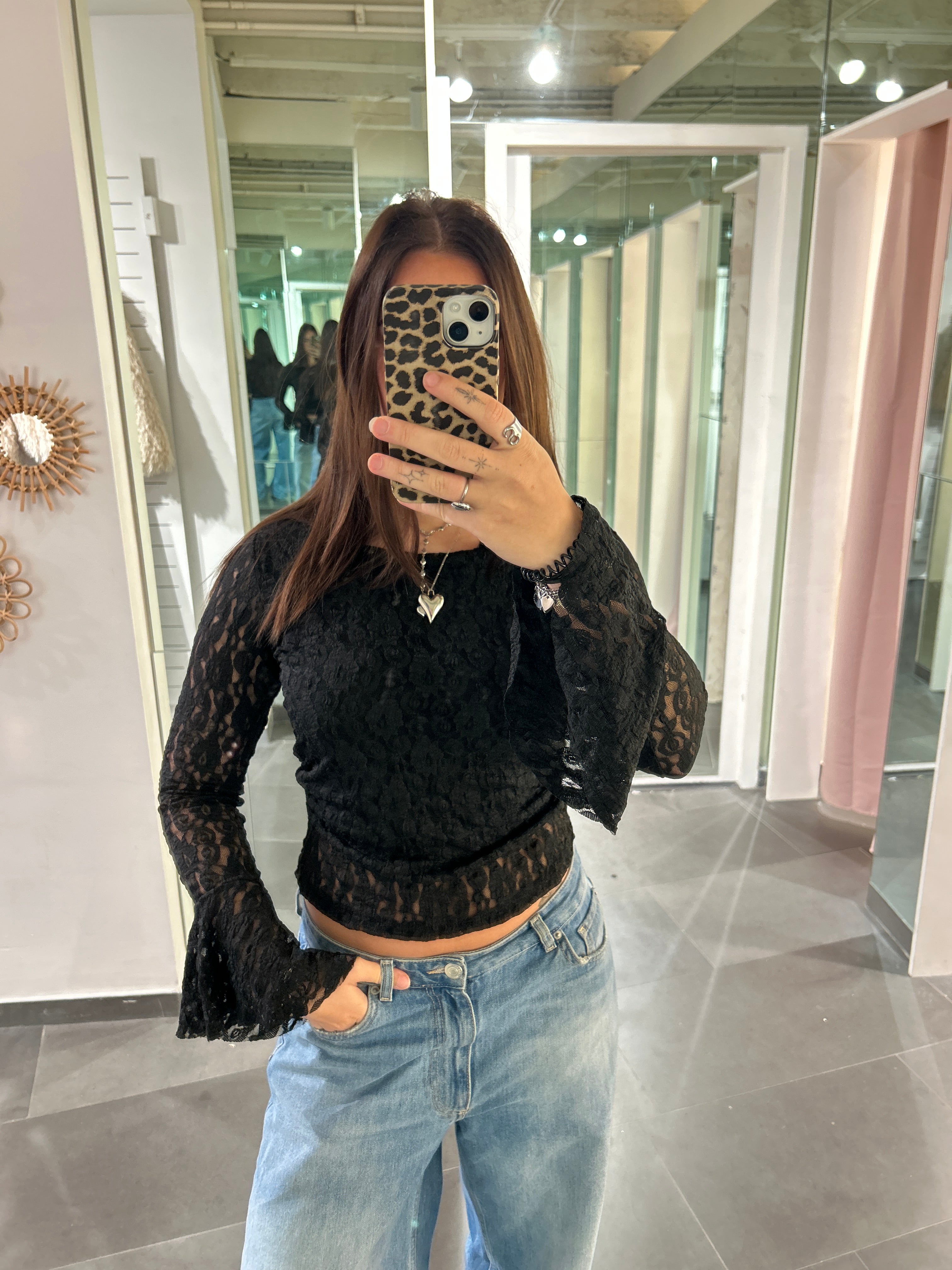 Flare Sleeve Lace Top Black