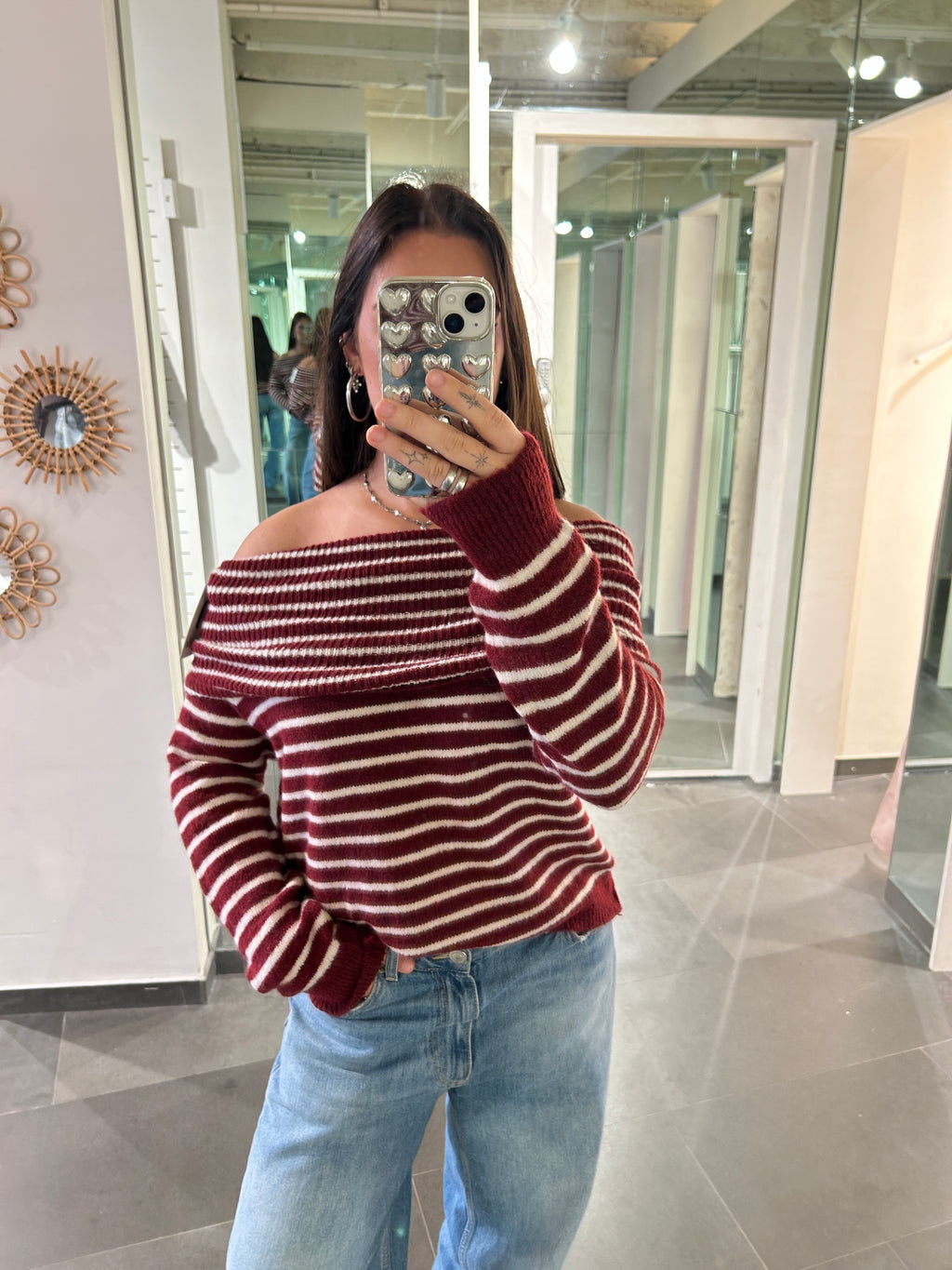 Off Shoulder Sweater Burgundy/White