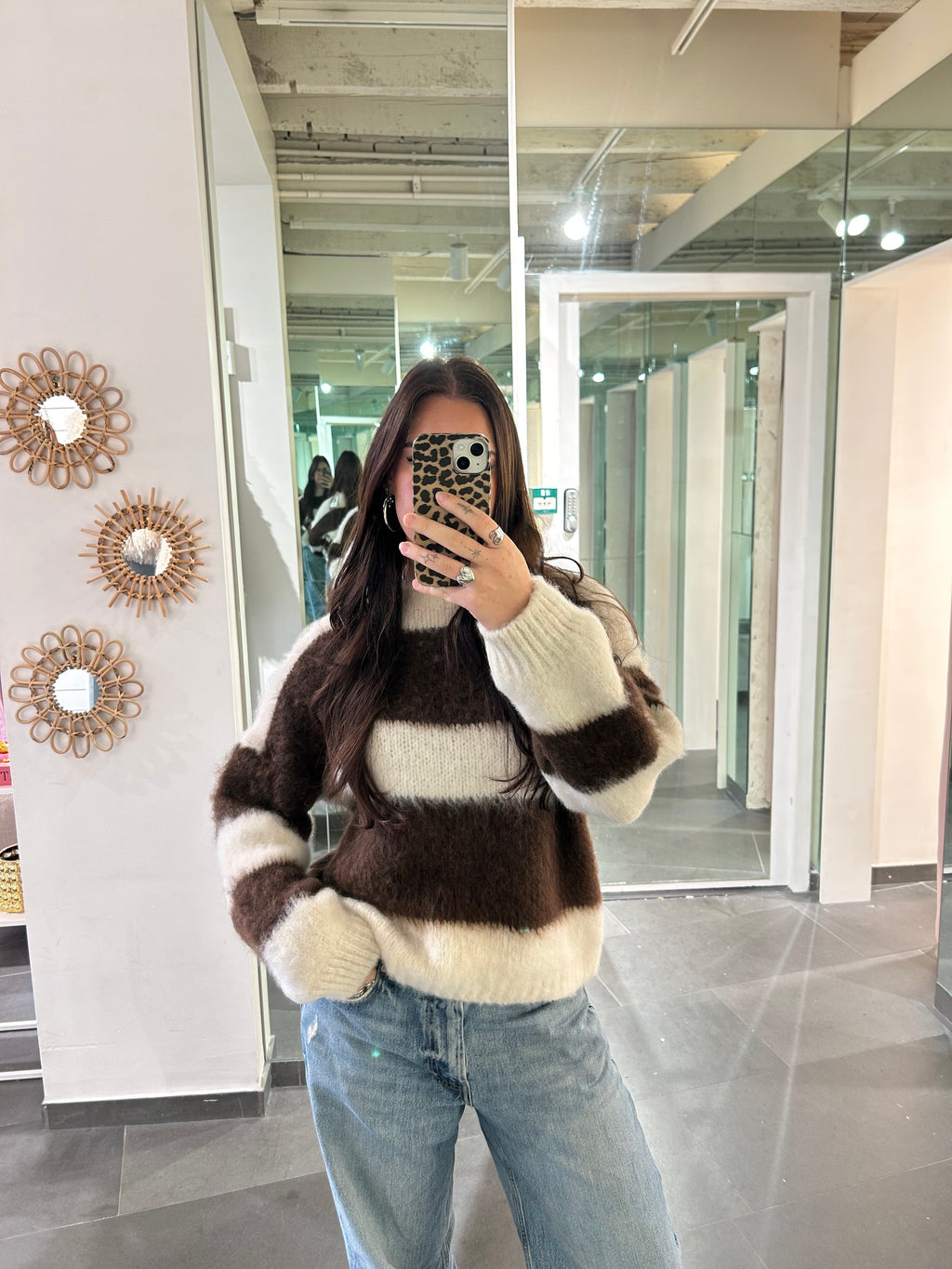 Fluffy Striped Sweater Beige/Brown