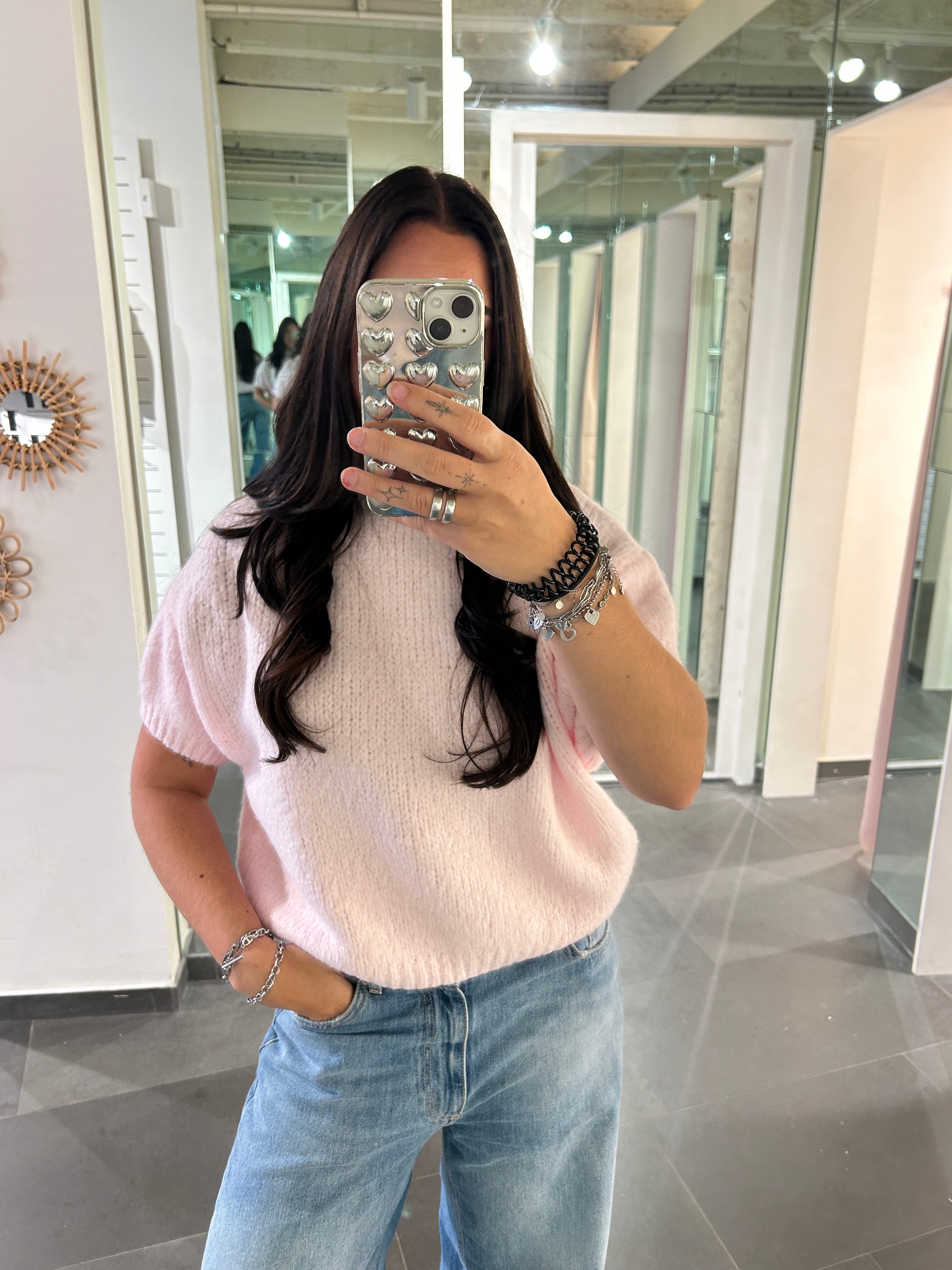 Short Sleeve Knit Sweater Light Pink