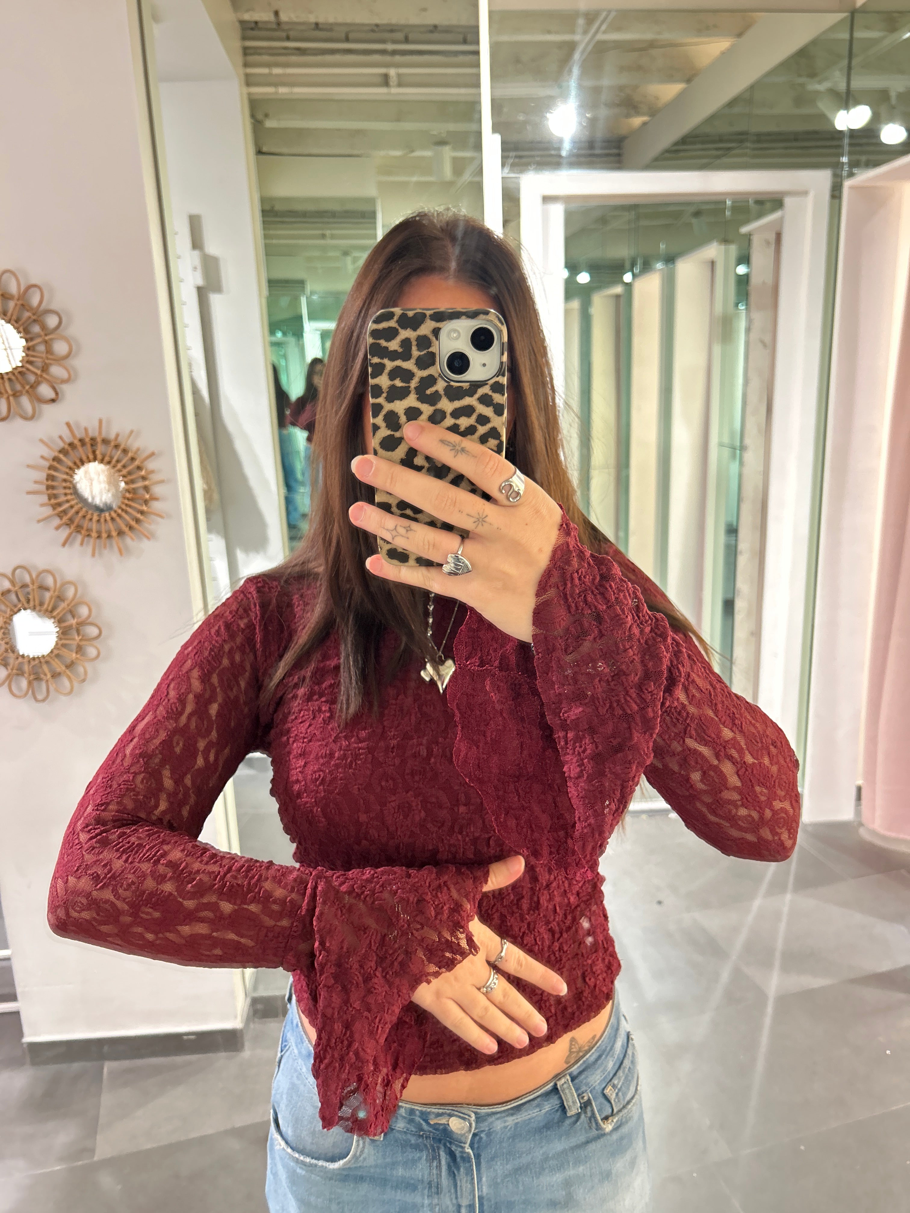 Flare Sleeve Lace Top Burgundy