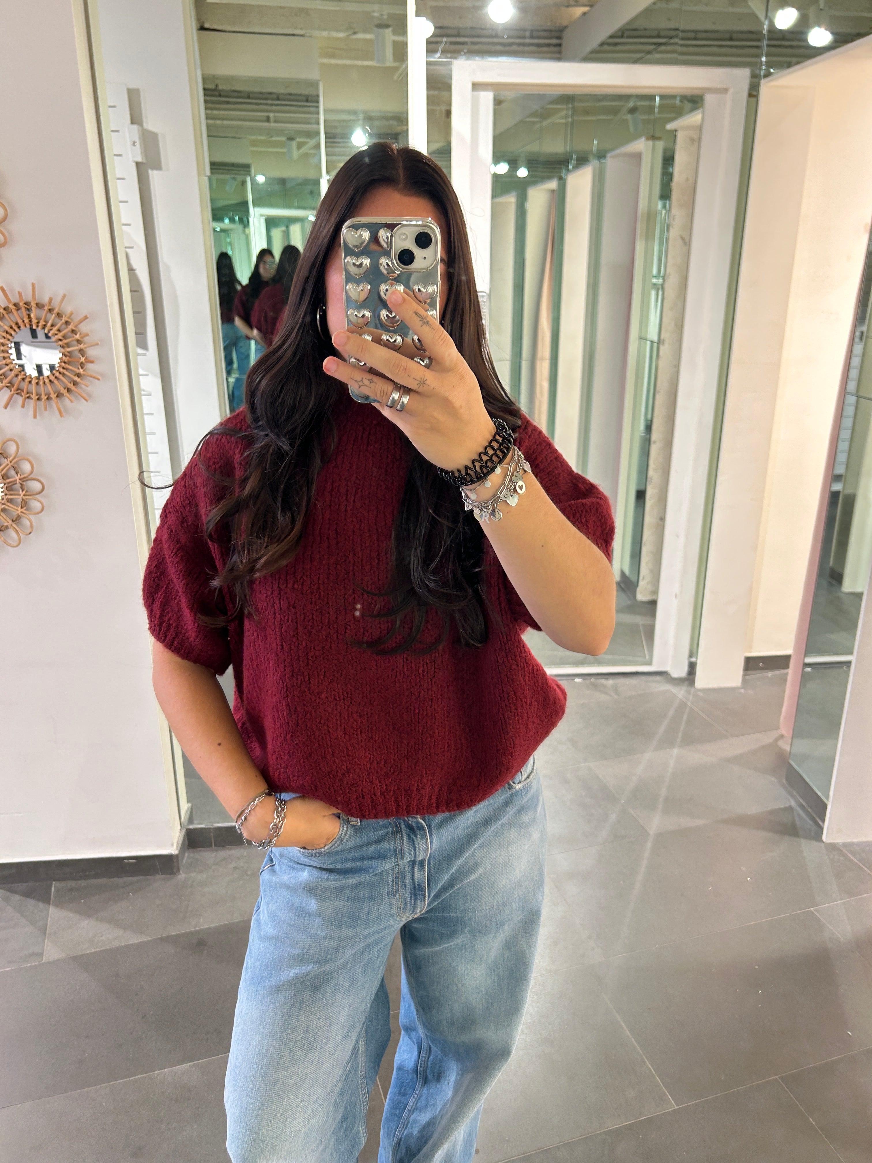Short Sleeve Knit Sweater Burgundy