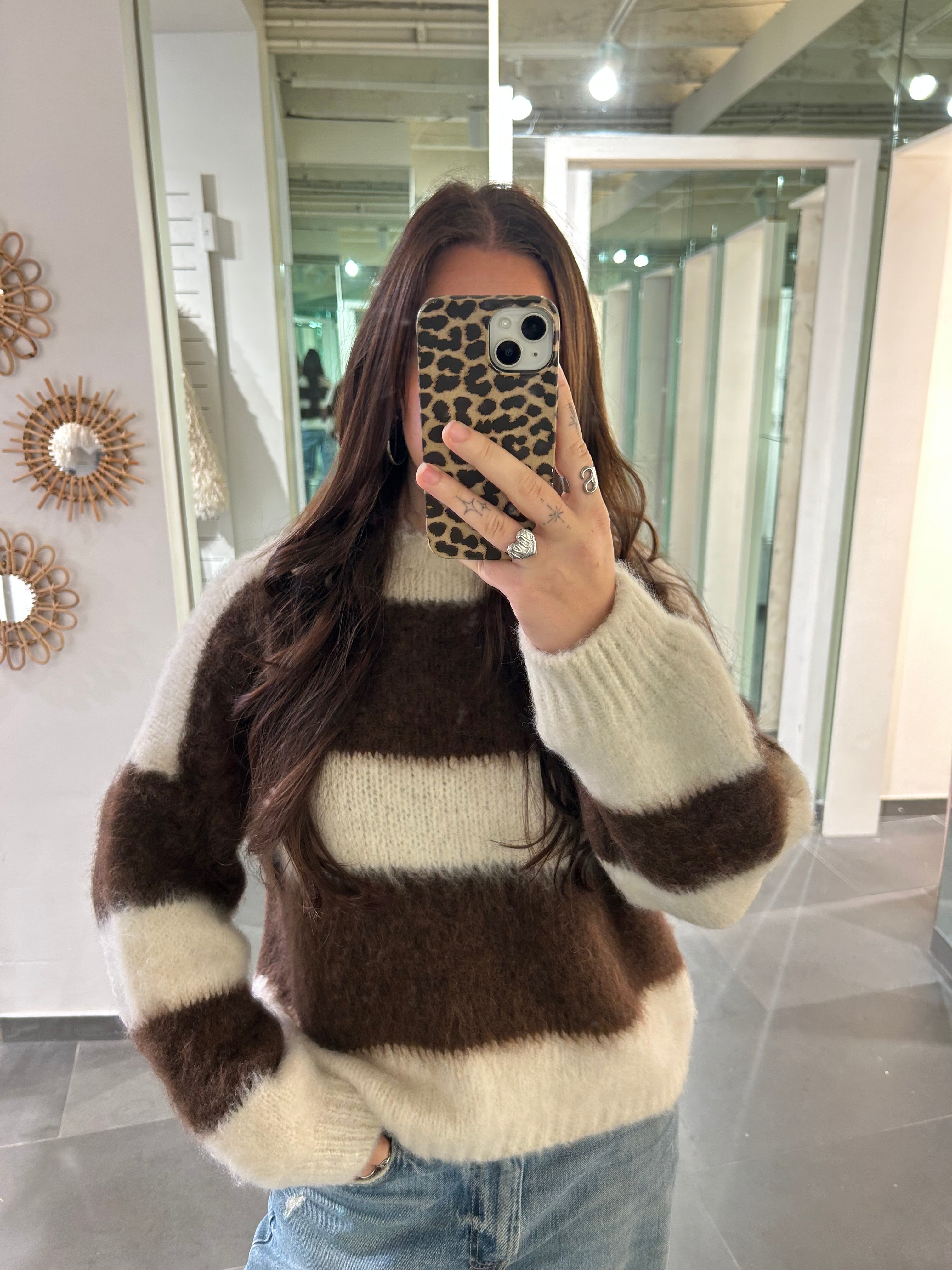 Fluffy Striped Sweater Beige/Brown