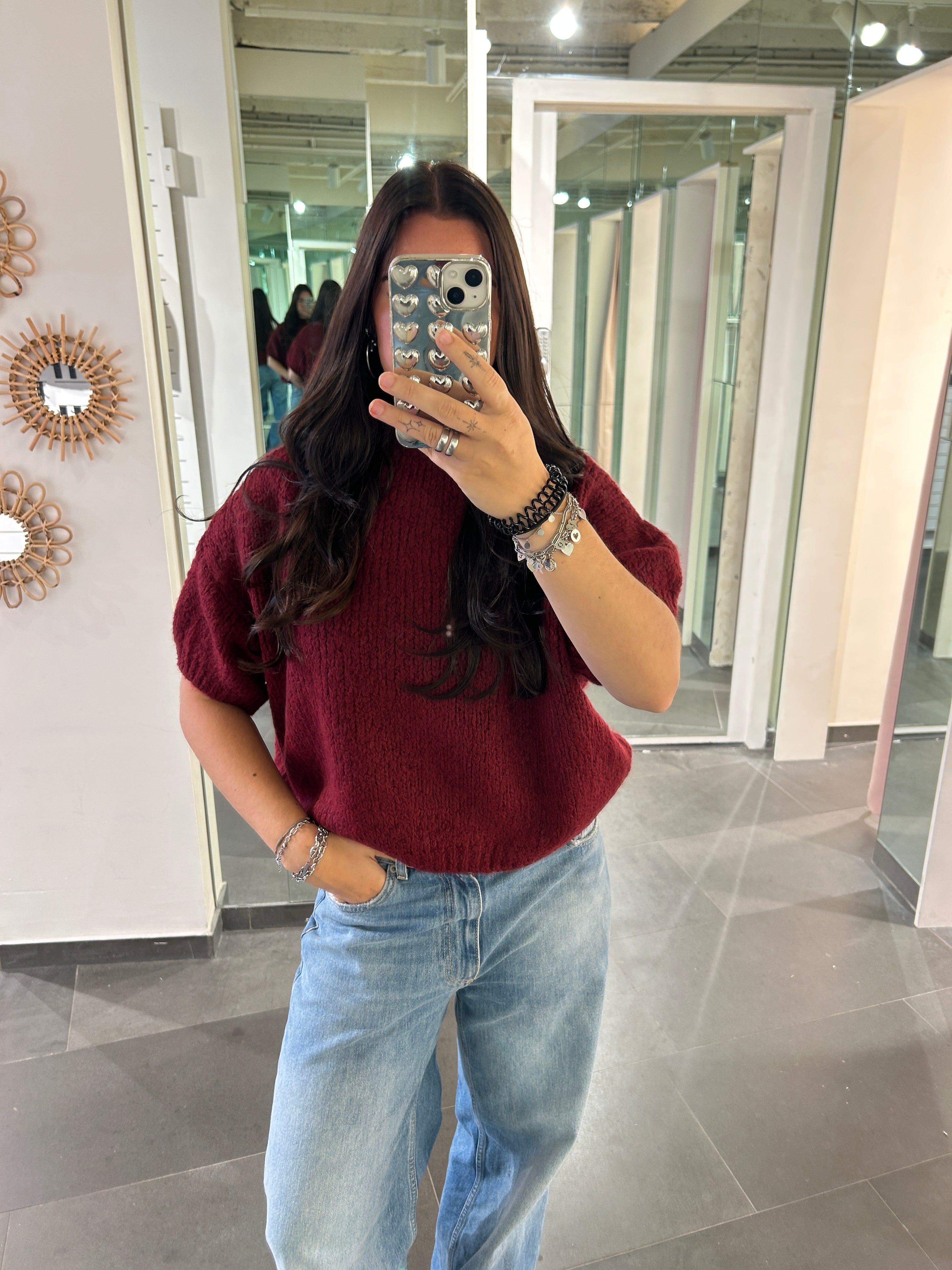 Short Sleeve Knit Sweater Burgundy