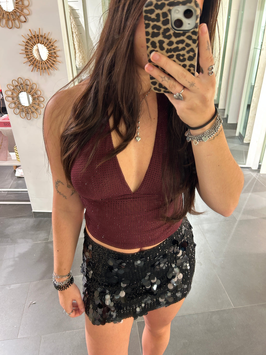 Rhinestone Halter Top Burgundy