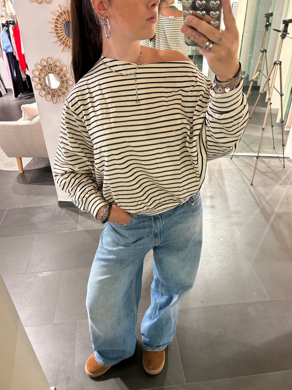 One Shoulder Sweater Striped Beige/Black