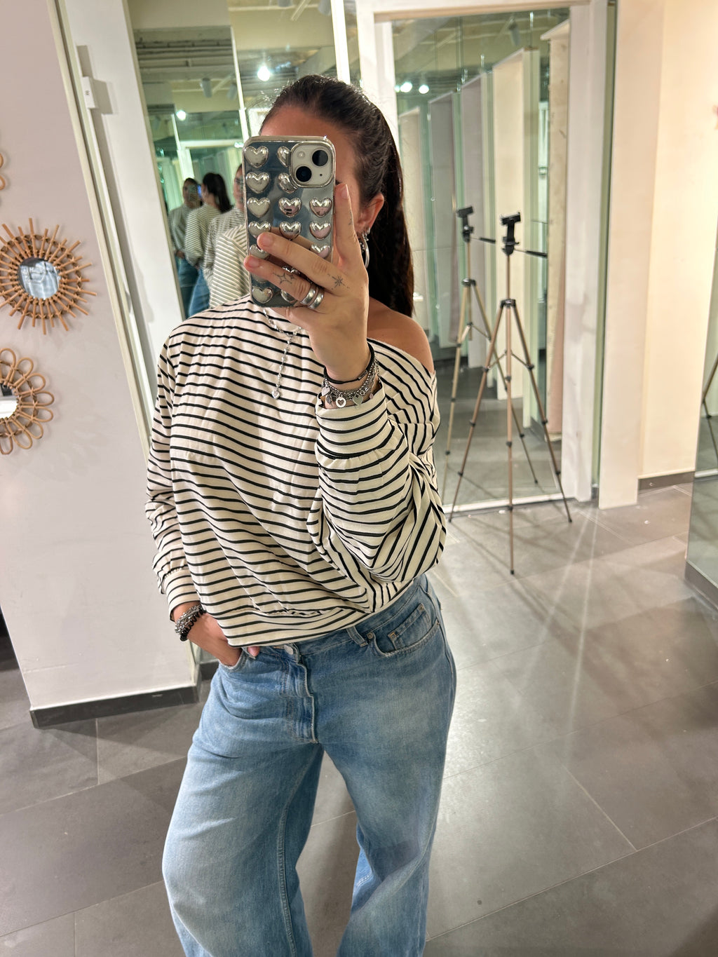 One Shoulder Sweater Striped Beige/Black