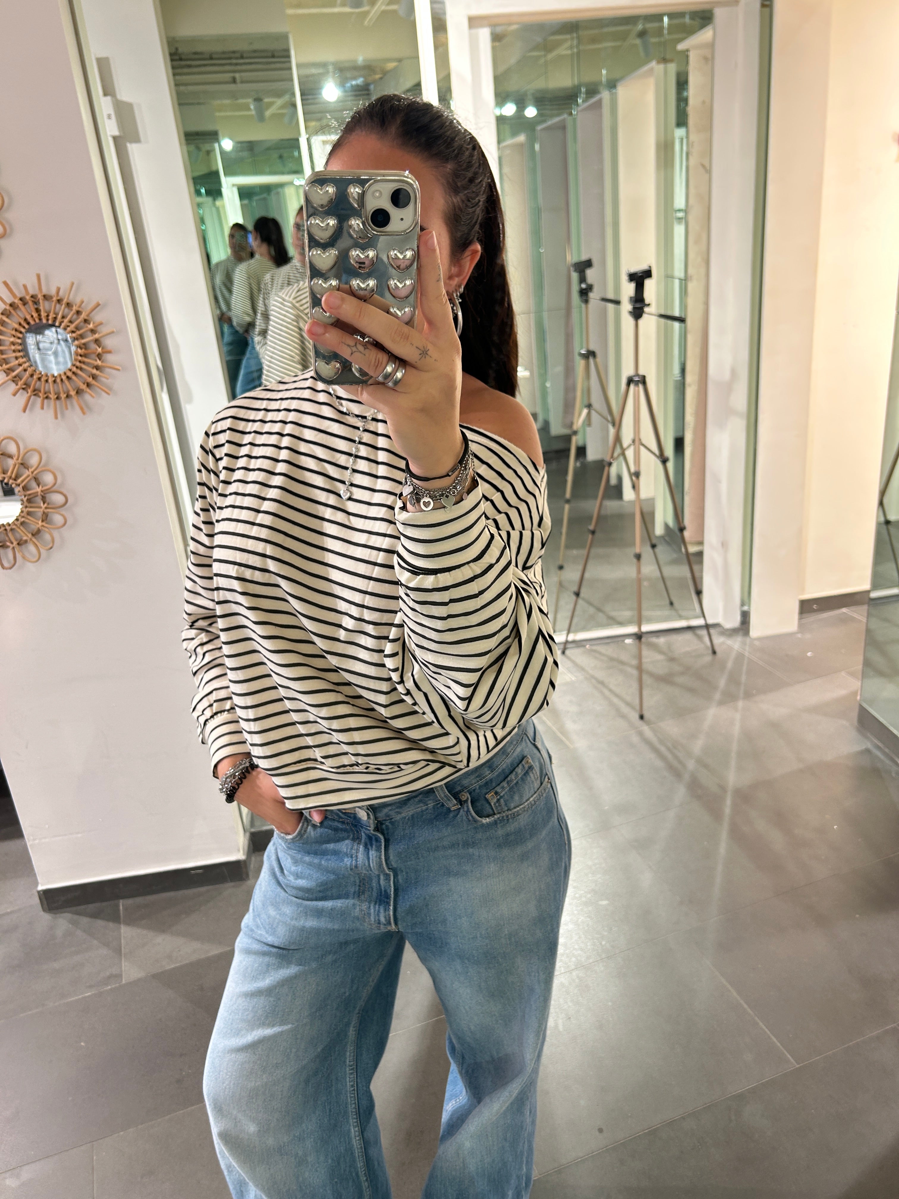 One Shoulder Sweater Striped Beige/Black