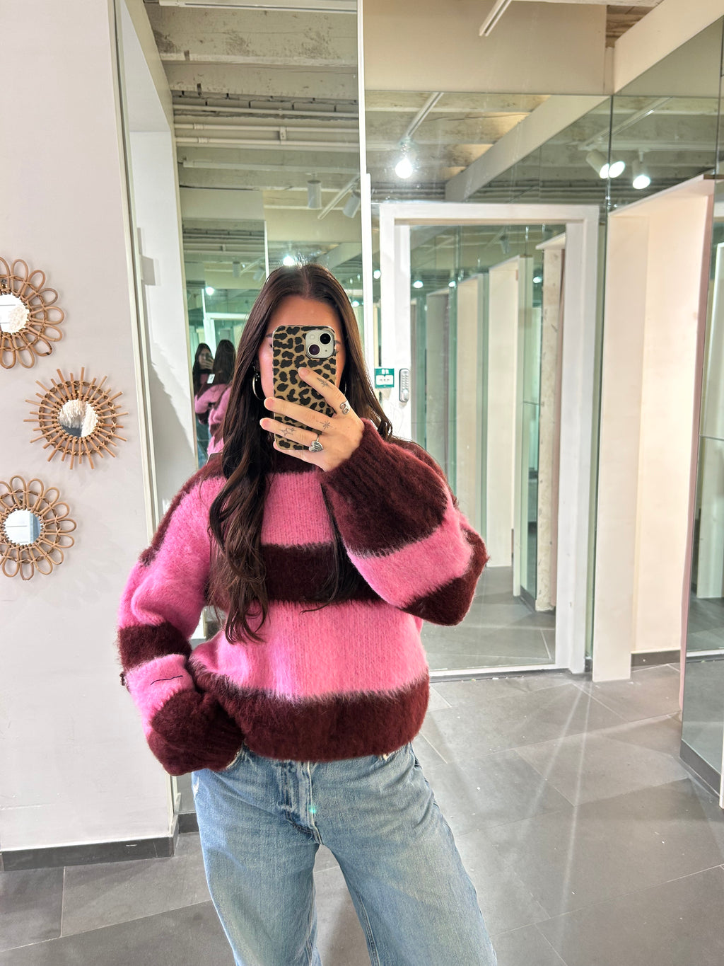 Fluffy Striped Sweater Pink/Burgundy