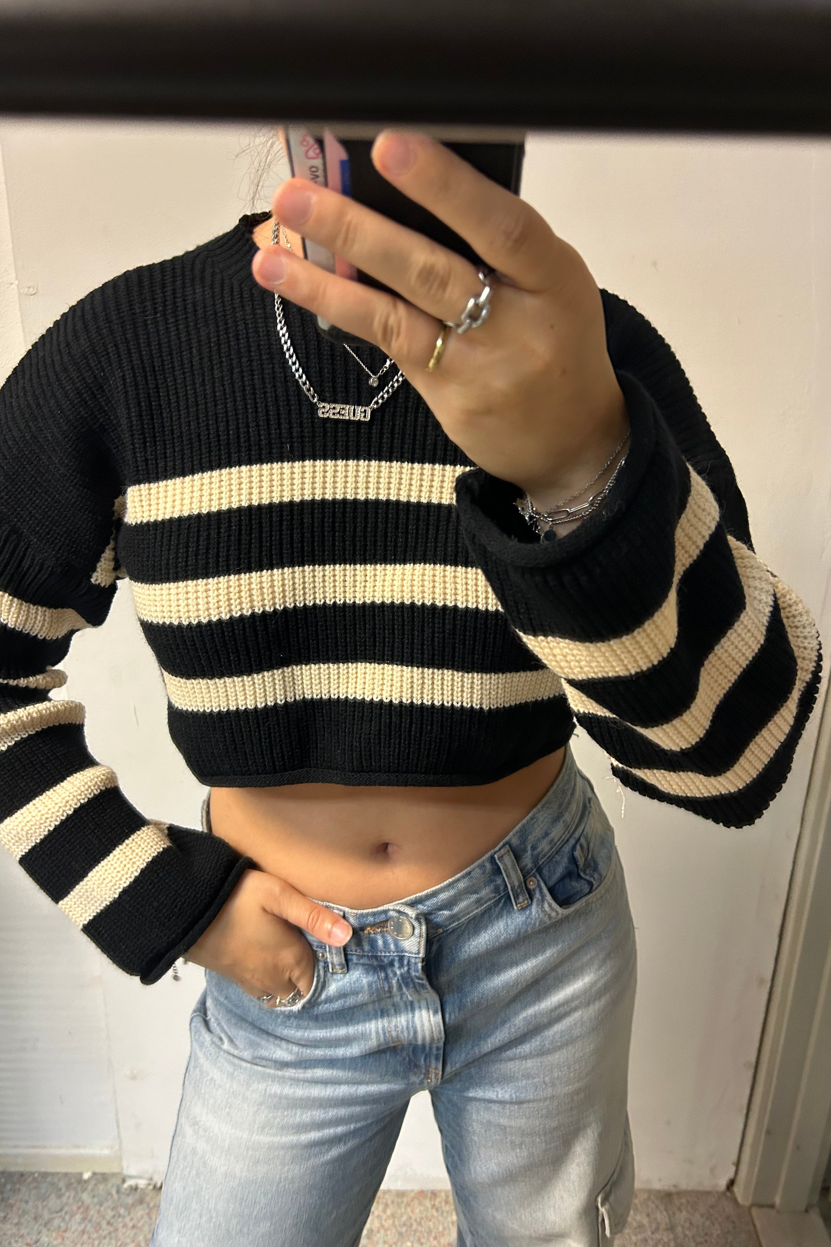 Cropped knit striped beige/black -