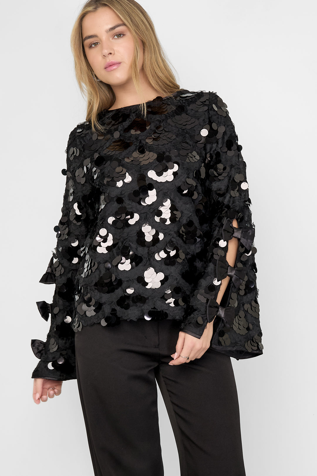 Woven Polyester Fiber Women's Long Sleeve Tops Elegant Sequins Statement
