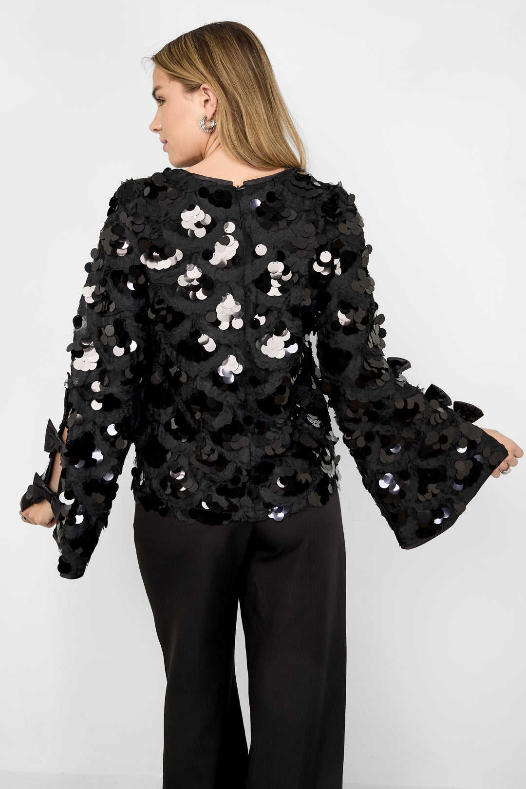 Woven Polyester Fiber Women's Long Sleeve Tops Elegant Sequins Statement