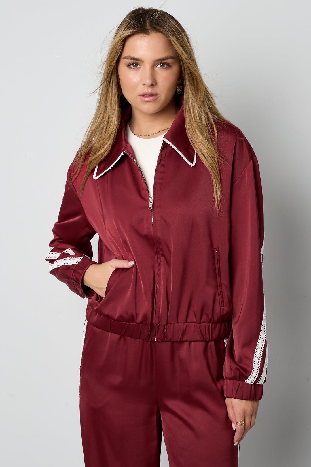 Satin Look Sporty Jacket Burgundy - My Favourites