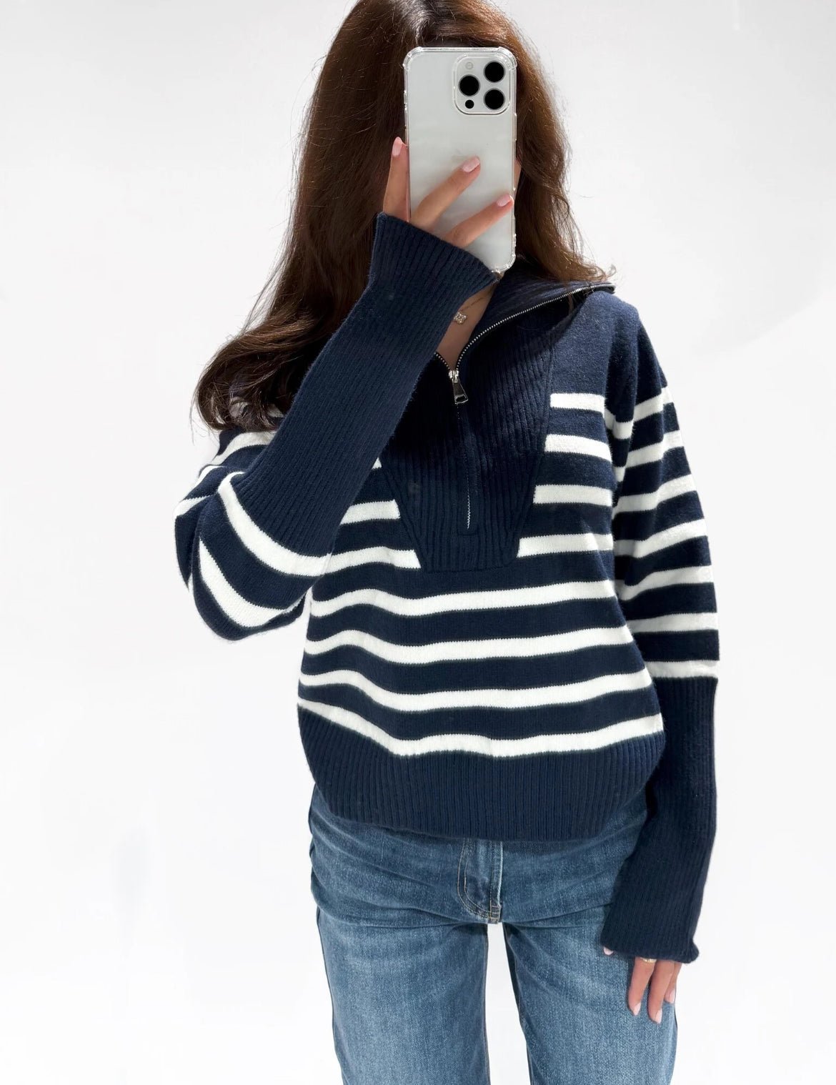 Serena Zip Up Knit Striped Navy - My Favourites