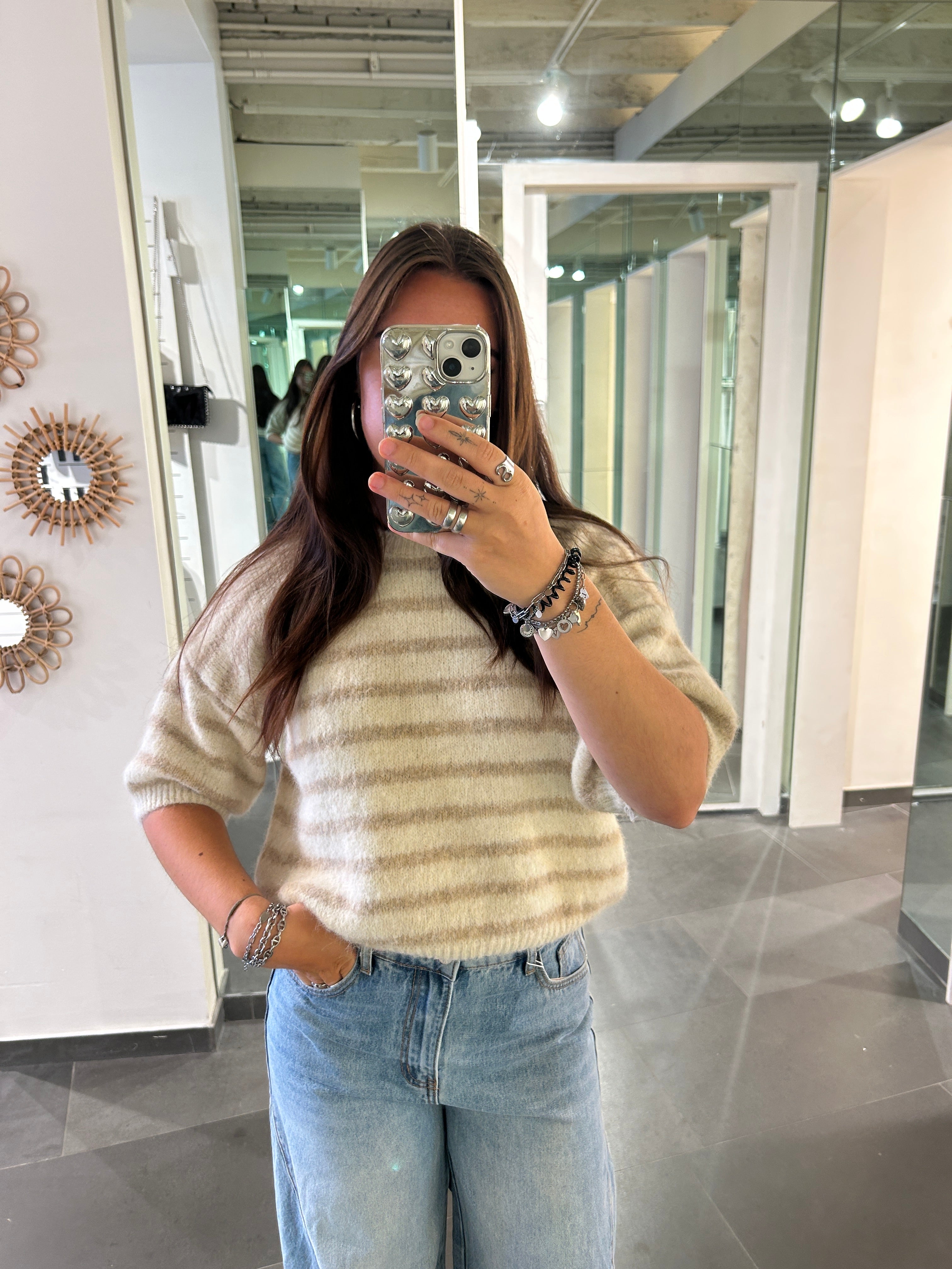 Short Sleeve Knit Sweater Striped Beige/Taupe - My Favourites