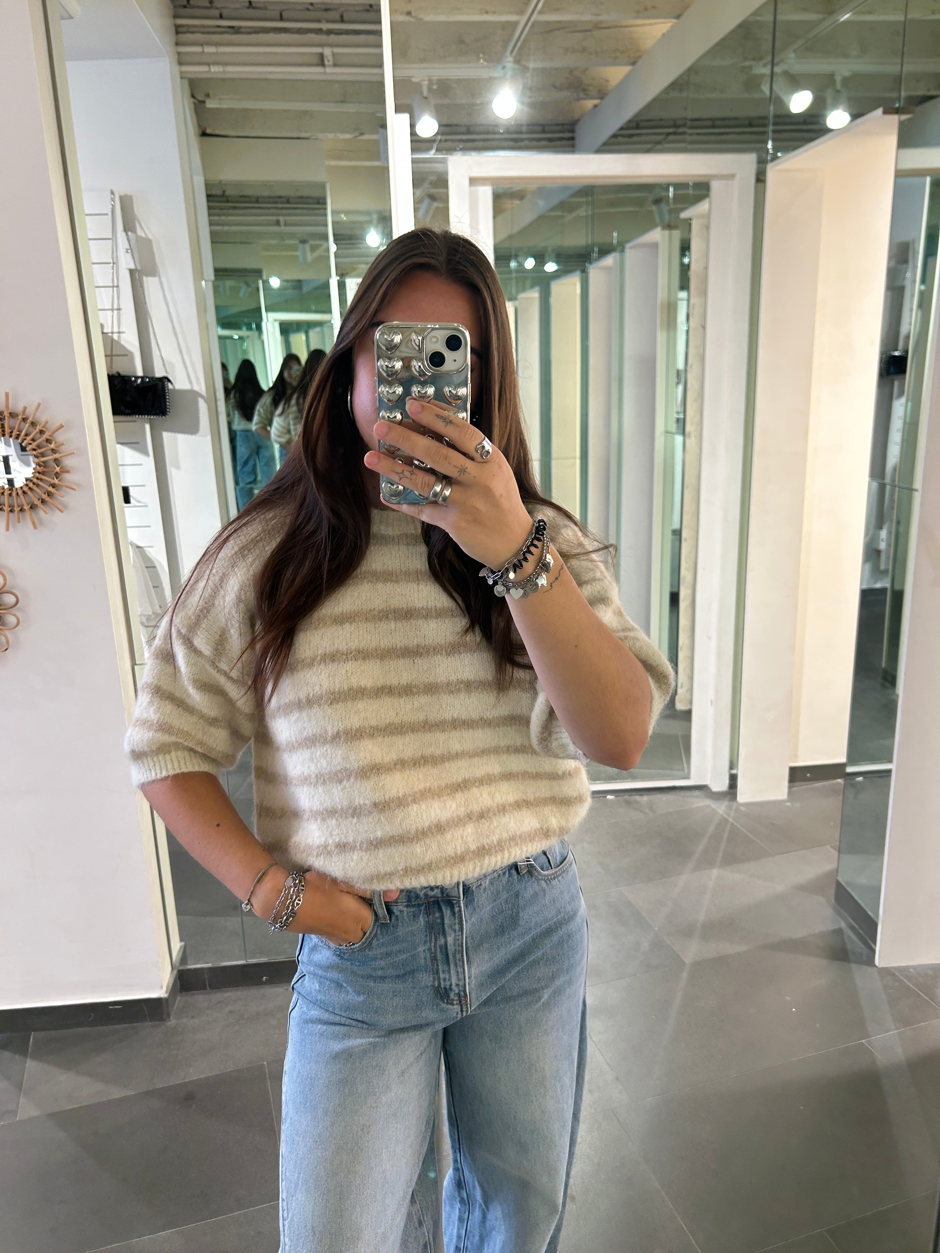 Short Sleeve Knit Sweater Striped Beige/Taupe - My Favourites