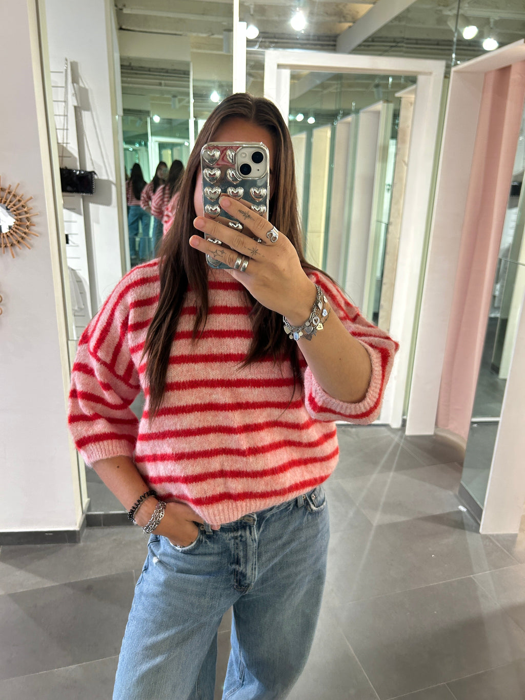 Short Sleeve Knit Sweater Striped Pink/Red - My Favourites