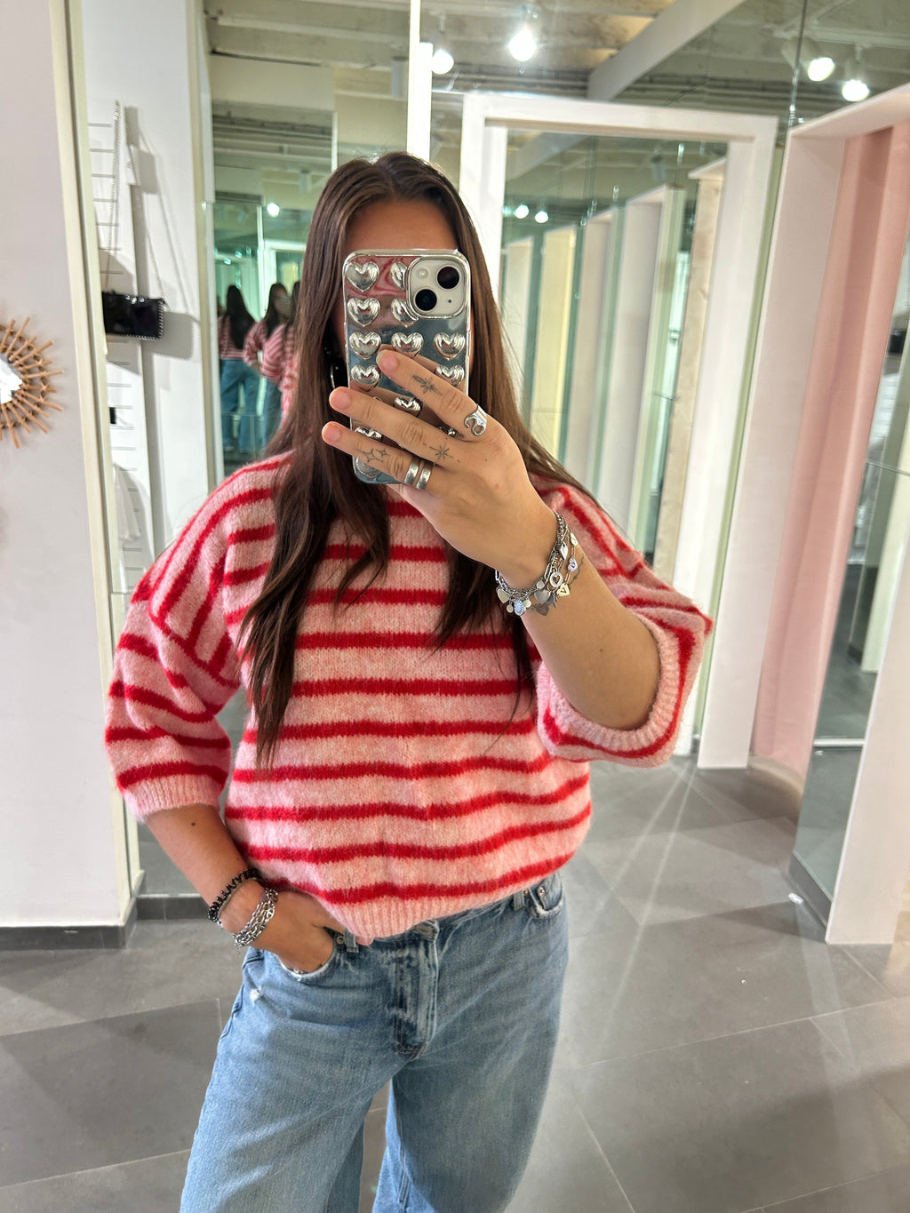 Short Sleeve Knit Sweater Striped Pink/Red - My Favourites